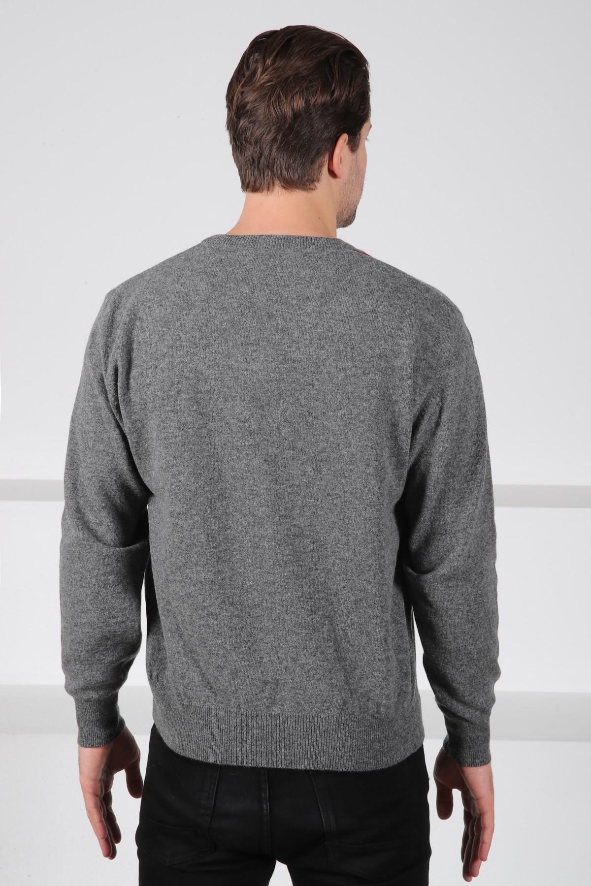 Ferraro Füme/Yeşil V Yaka Çok Tonlu Baklava Desenli Uzun Kollu %100 Kuzu Yünü Erkek Triko Kazak