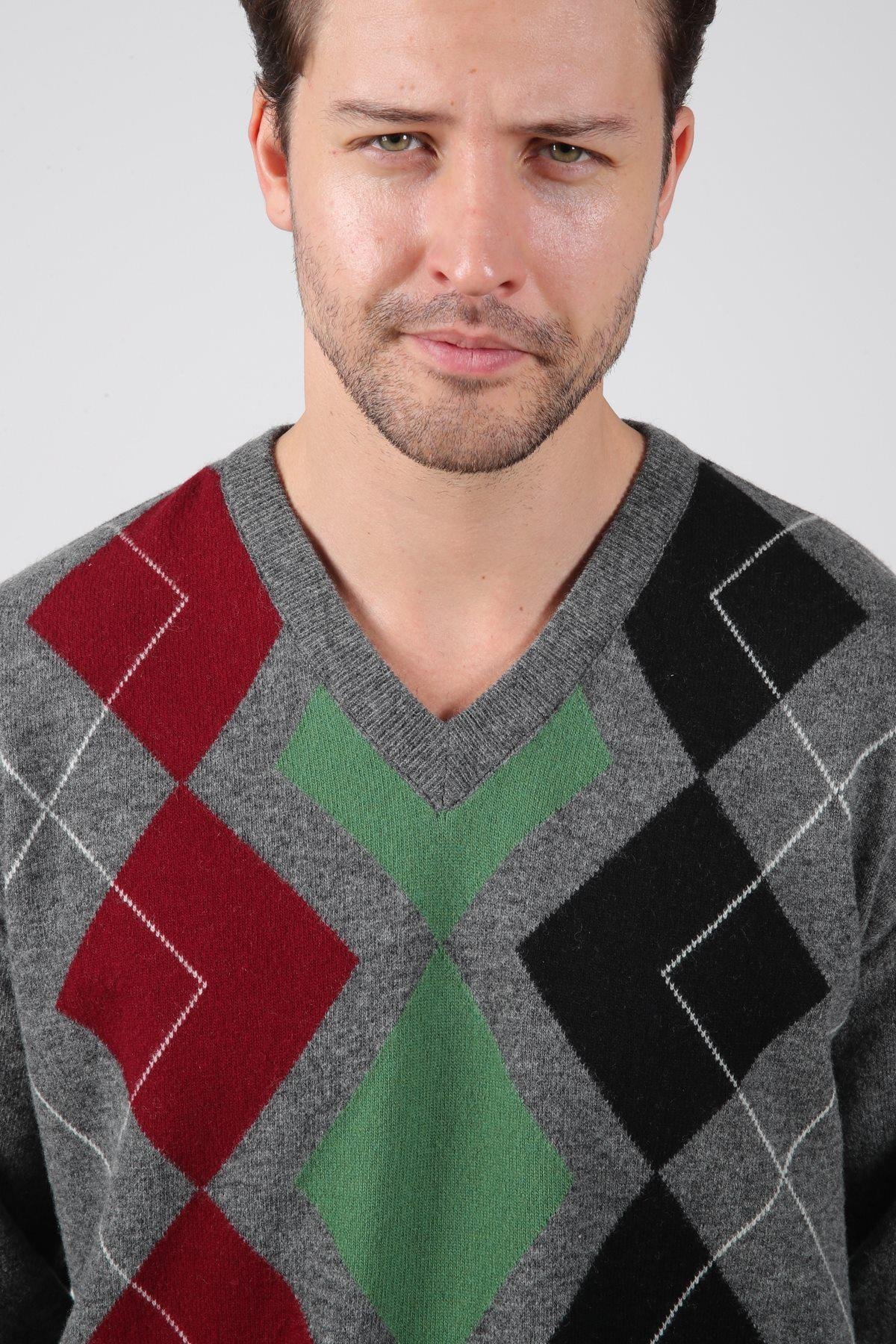 Ferraro Füme/Yeşil V Yaka Çok Tonlu Baklava Desenli Uzun Kollu %100 Kuzu Yünü Erkek Triko Kazak