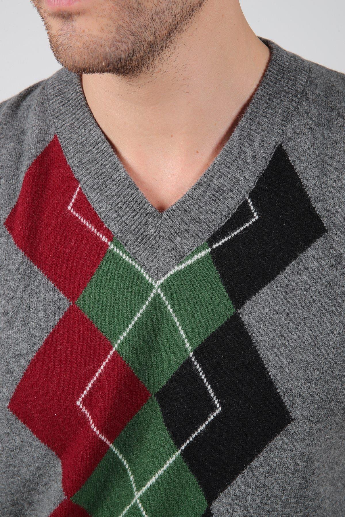 Ferraro Füme/Yeşil V Yaka Diyagonal Desenli Uzun Kollu %100 Kuzu Yünü Erkek Triko Süveter