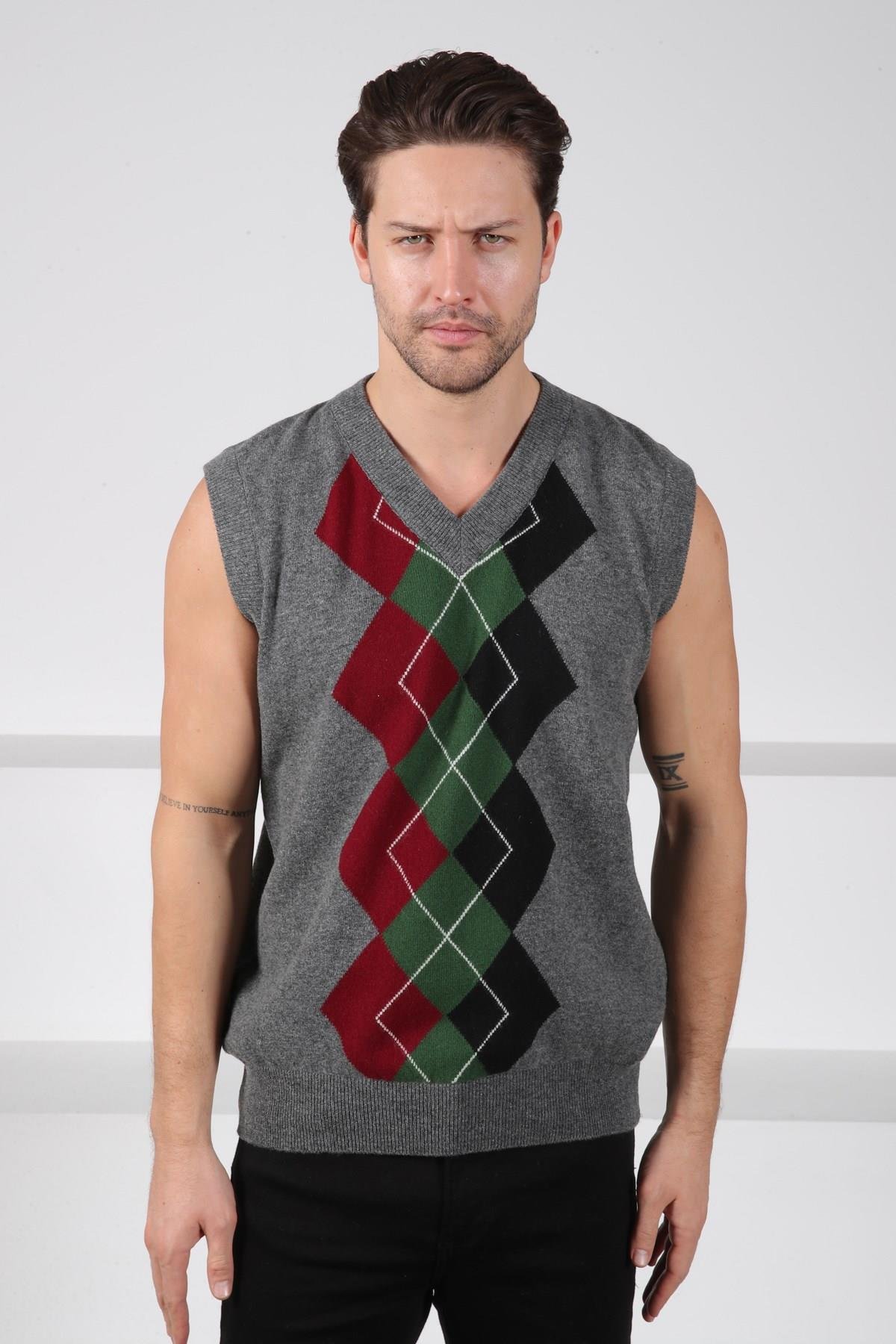 Ferraro Füme/Yeşil V Yaka Diyagonal Desenli Uzun Kollu %100 Kuzu Yünü Erkek Triko Süveter