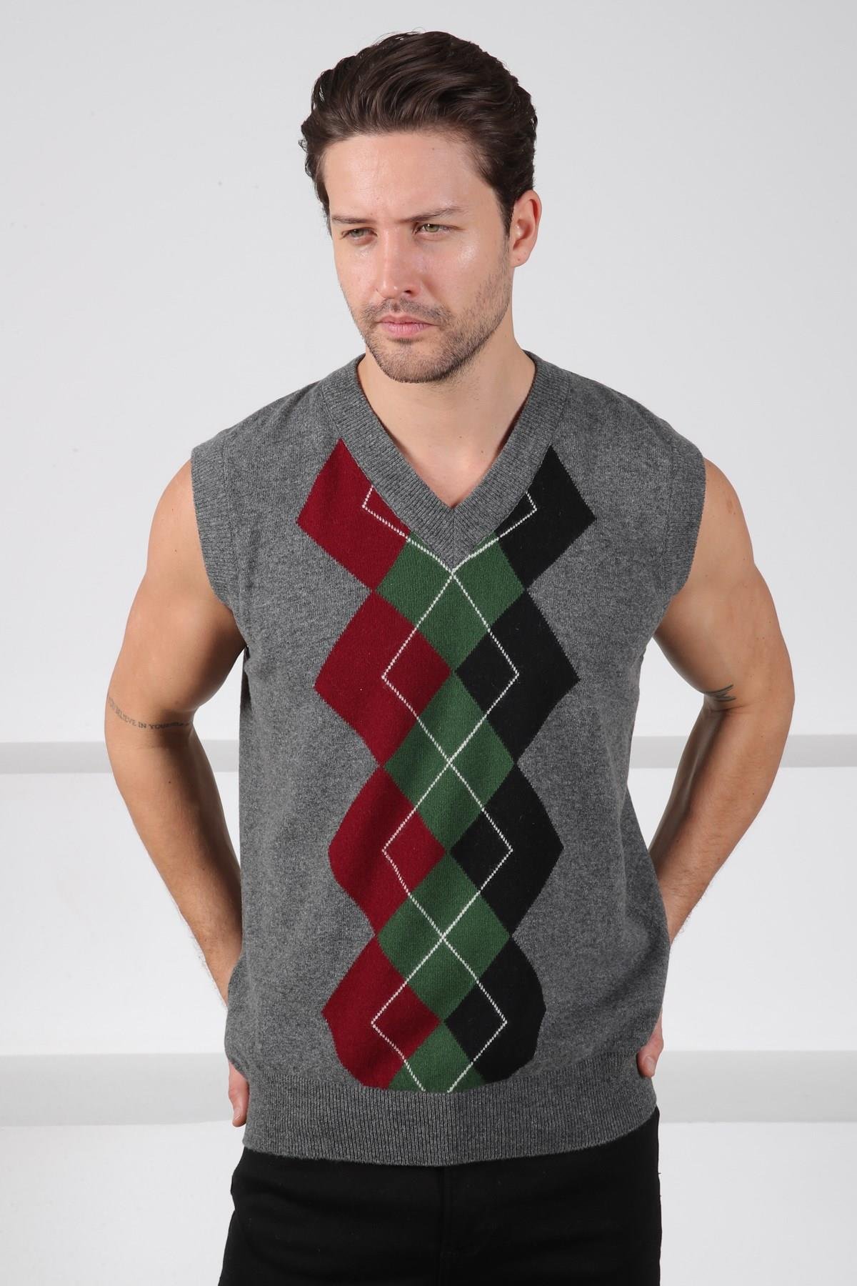 Ferraro Füme/Yeşil V Yaka Diyagonal Desenli Uzun Kollu %100 Kuzu Yünü Erkek Triko Süveter
