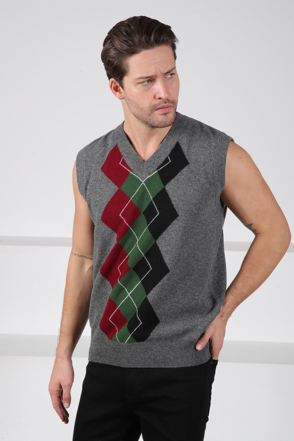 Ferraro Füme/Yeşil V Yaka Diyagonal Desenli Uzun Kollu %100 Kuzu Yünü Erkek Triko Süveter