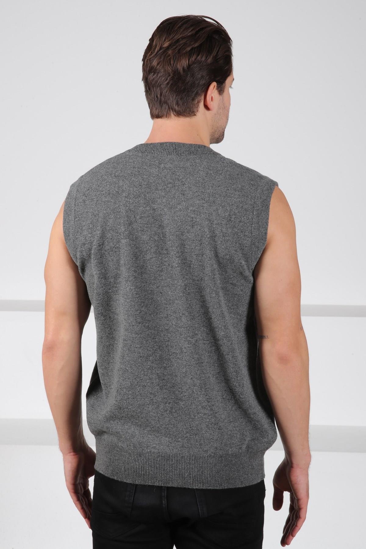 Ferraro Füme/Yeşil V Yaka Diyagonal Desenli Uzun Kollu %100 Kuzu Yünü Erkek Triko Süveter