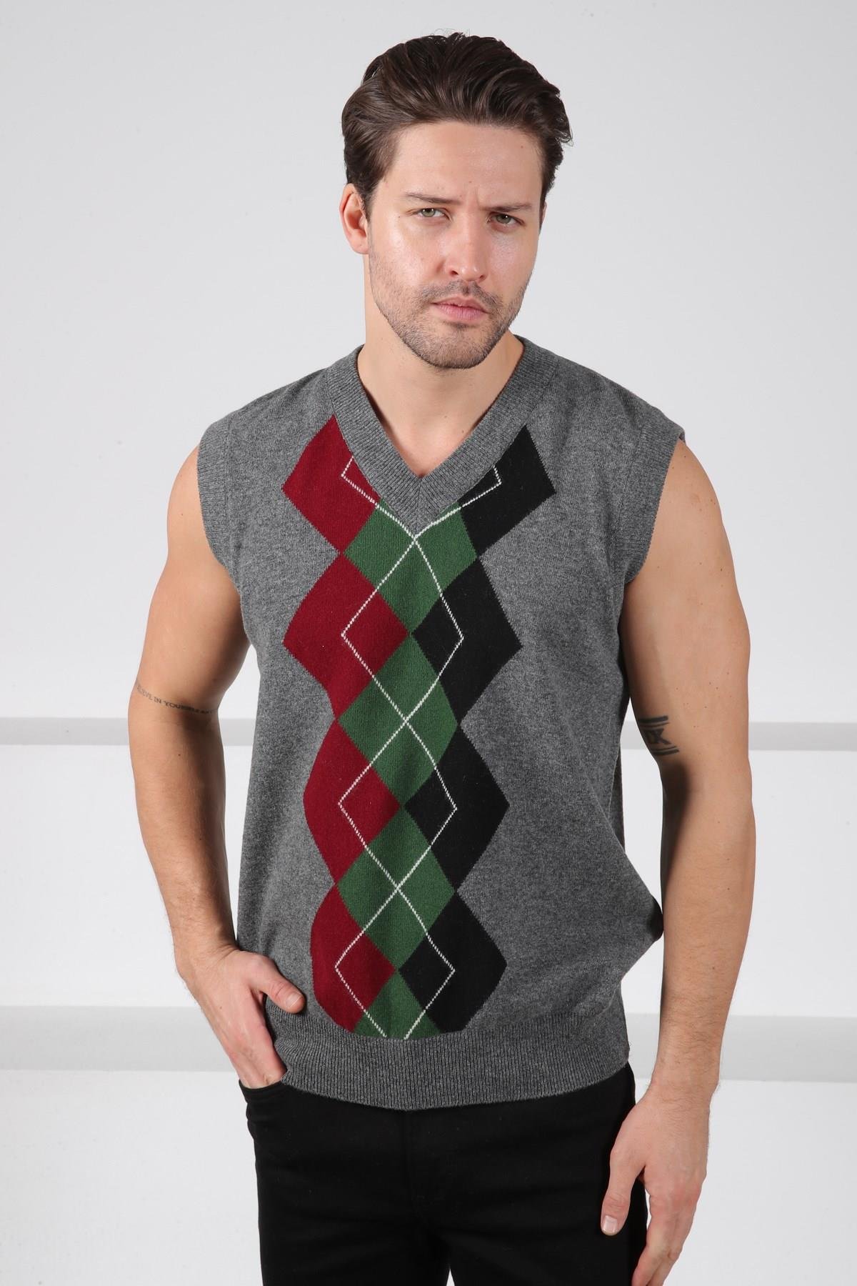 Ferraro Füme/Yeşil V Yaka Diyagonal Desenli Uzun Kollu %100 Kuzu Yünü Erkek Triko Süveter