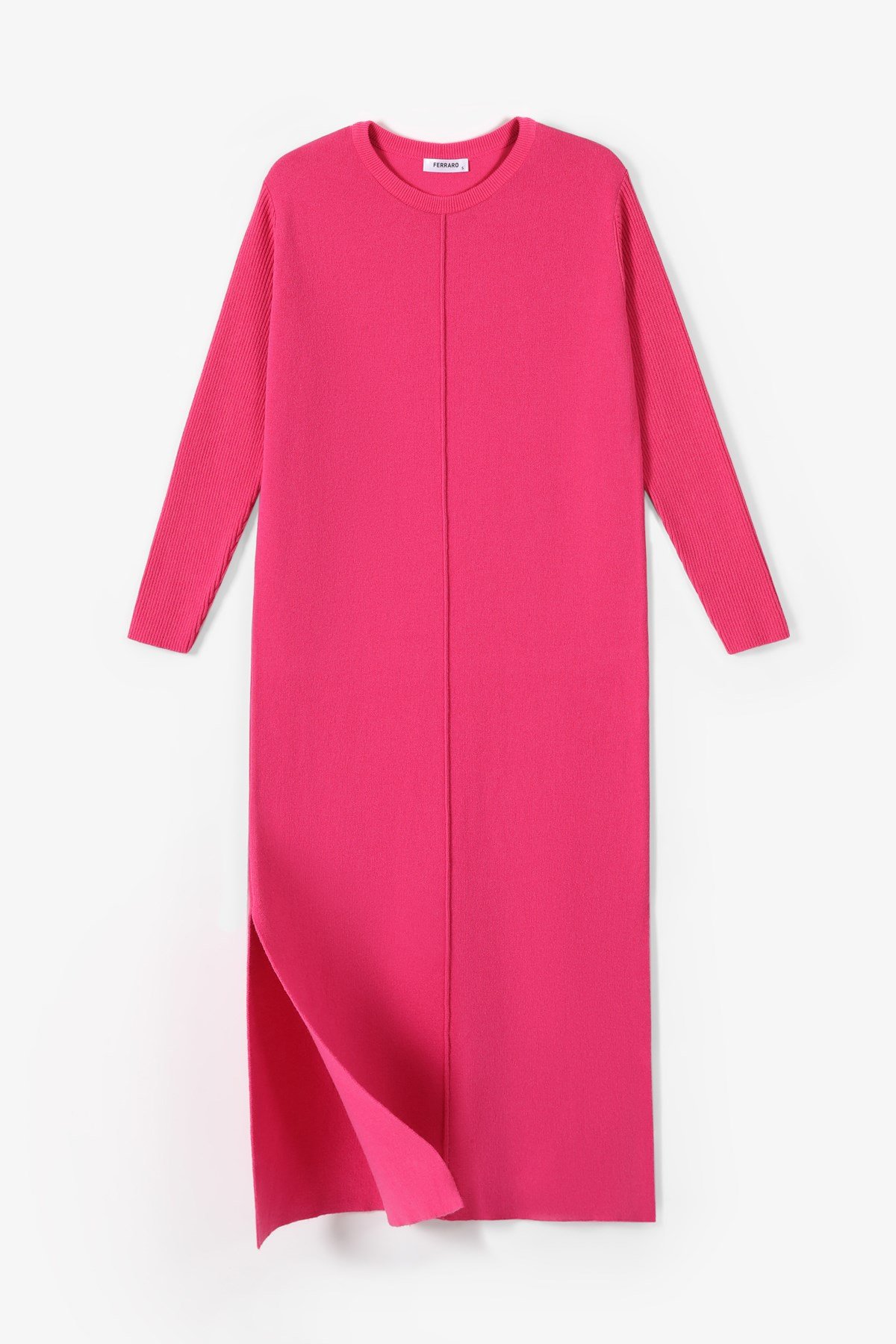 Ferraro Fuşya Yandan Yırtmaçlı Midi Boy Kaşmirli Kadın Triko Elbise
