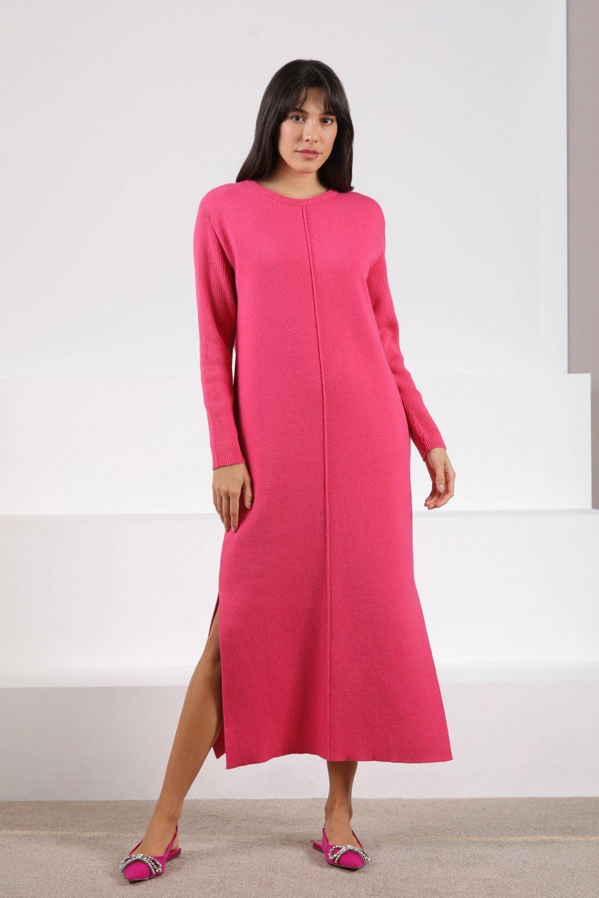 Ferraro Fuşya Yandan Yırtmaçlı Midi Boy Kaşmirli Kadın Triko Elbise