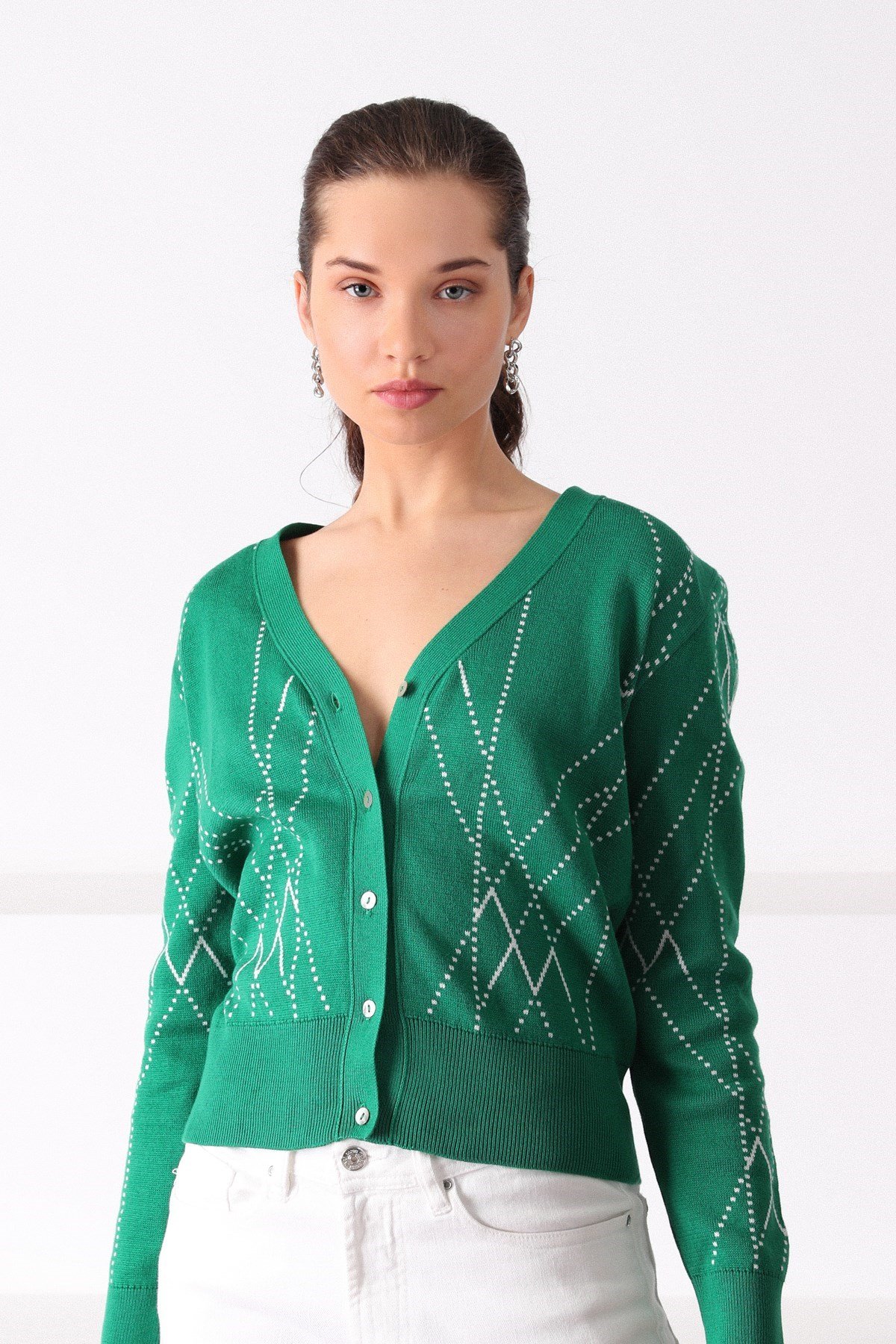 Ferraro Green Çizgili Pamuk Kadın Triko Hırka