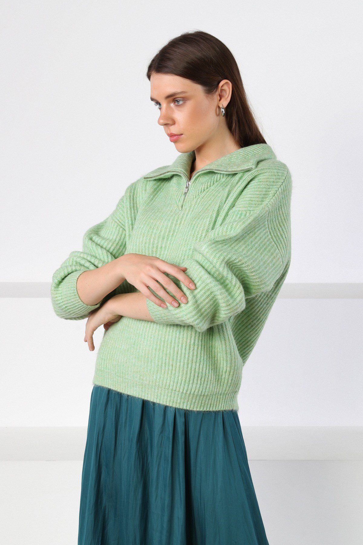 Ferraro Green Fermuarlı Yarım Balıkçı Yaka Kadın Triko Kazak