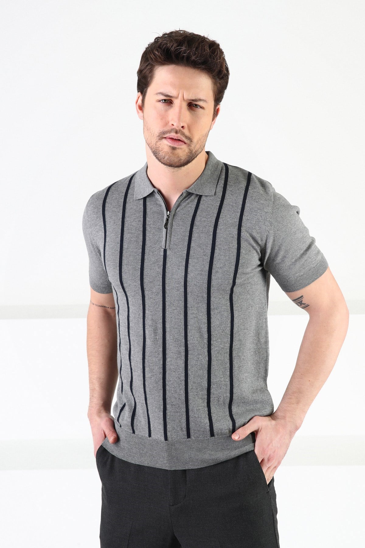 Ferraro Gri Fermuarlı Polo Yaka %100 Pamuk Erkek Triko T-Shirt
