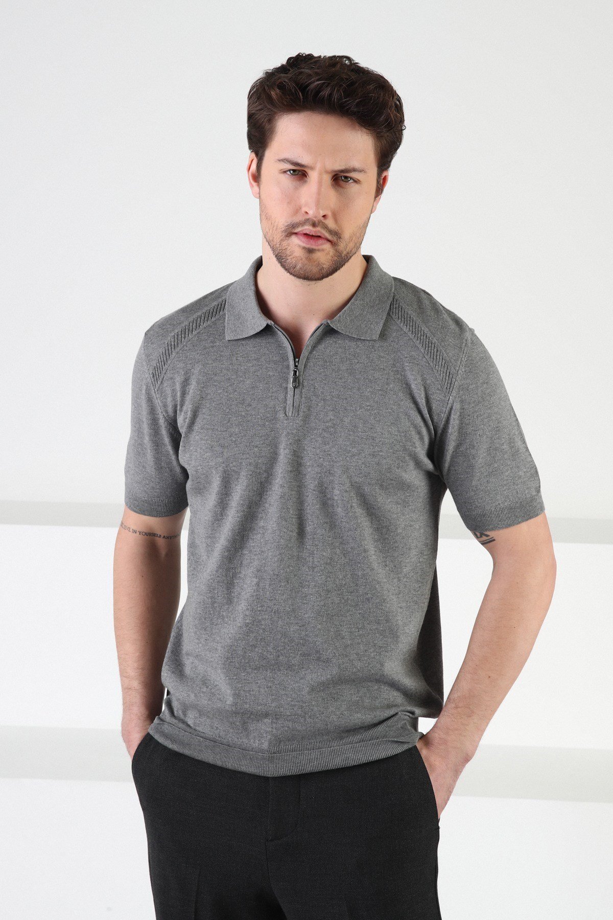 Ferraro Gri Fermuarlı Polo Yaka %100 Pamuk Erkek Triko T-Shirt