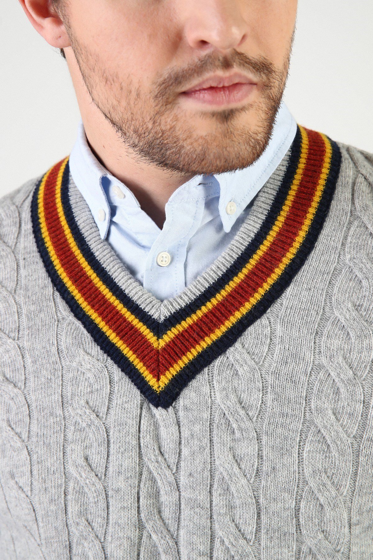 Ferraro Gri Örgü Desenli V Yaka %100 Kuzu Yünü Erkek Süveter