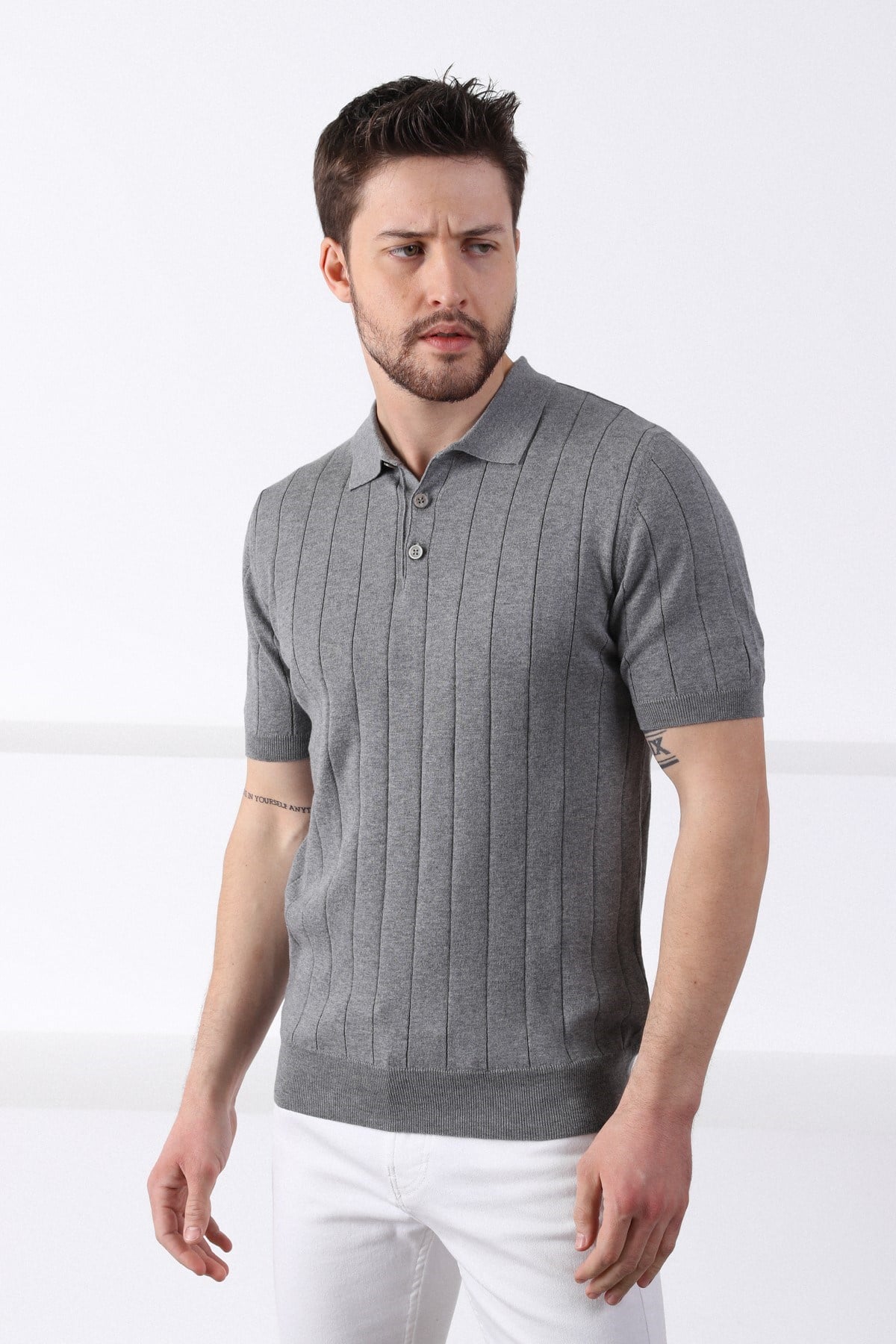 Ferraro Gri Polo Yaka Fitilli Erkek Pamuk Triko T-Shirt