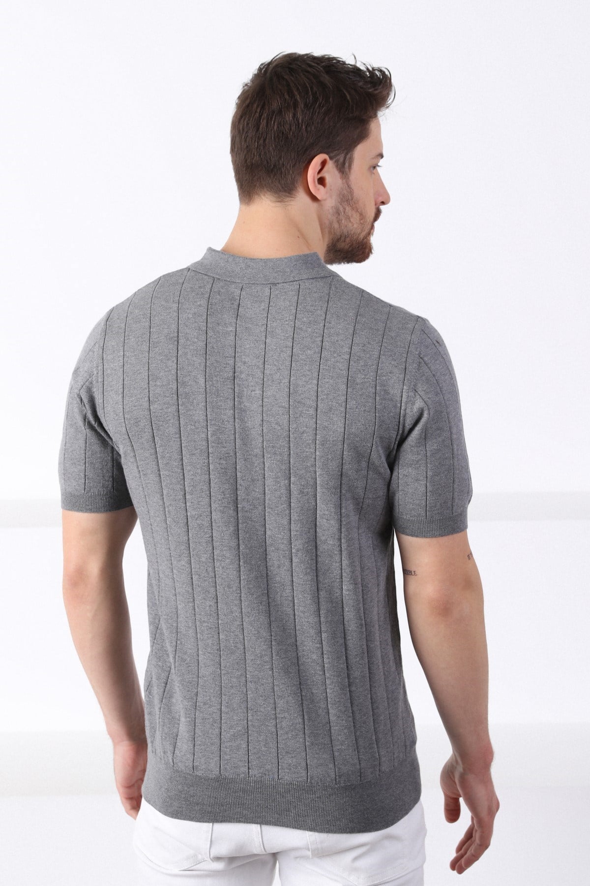 Ferraro Gri Polo Yaka Fitilli Erkek Pamuk Triko T-Shirt