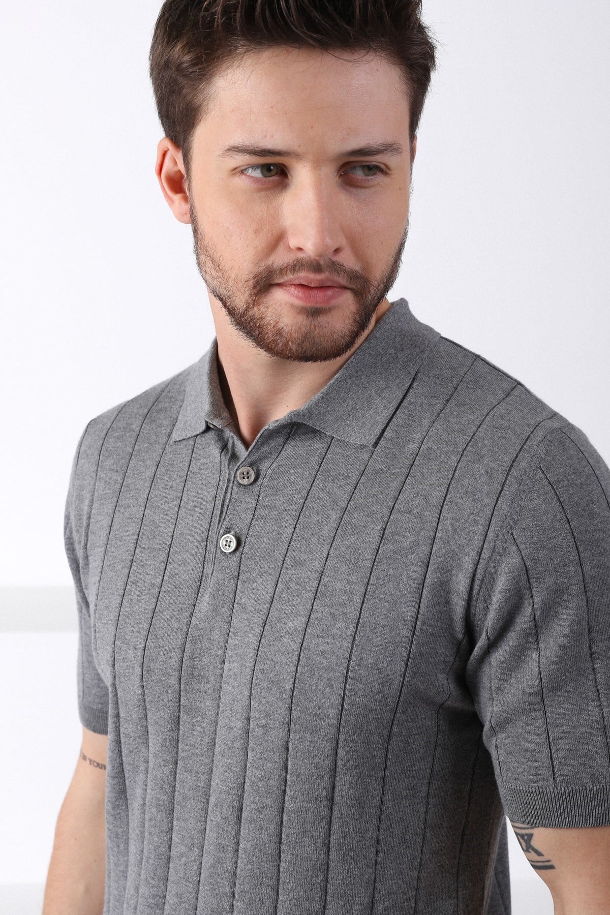 Ferraro Gri Polo Yaka Fitilli Erkek Pamuk Triko T-Shirt