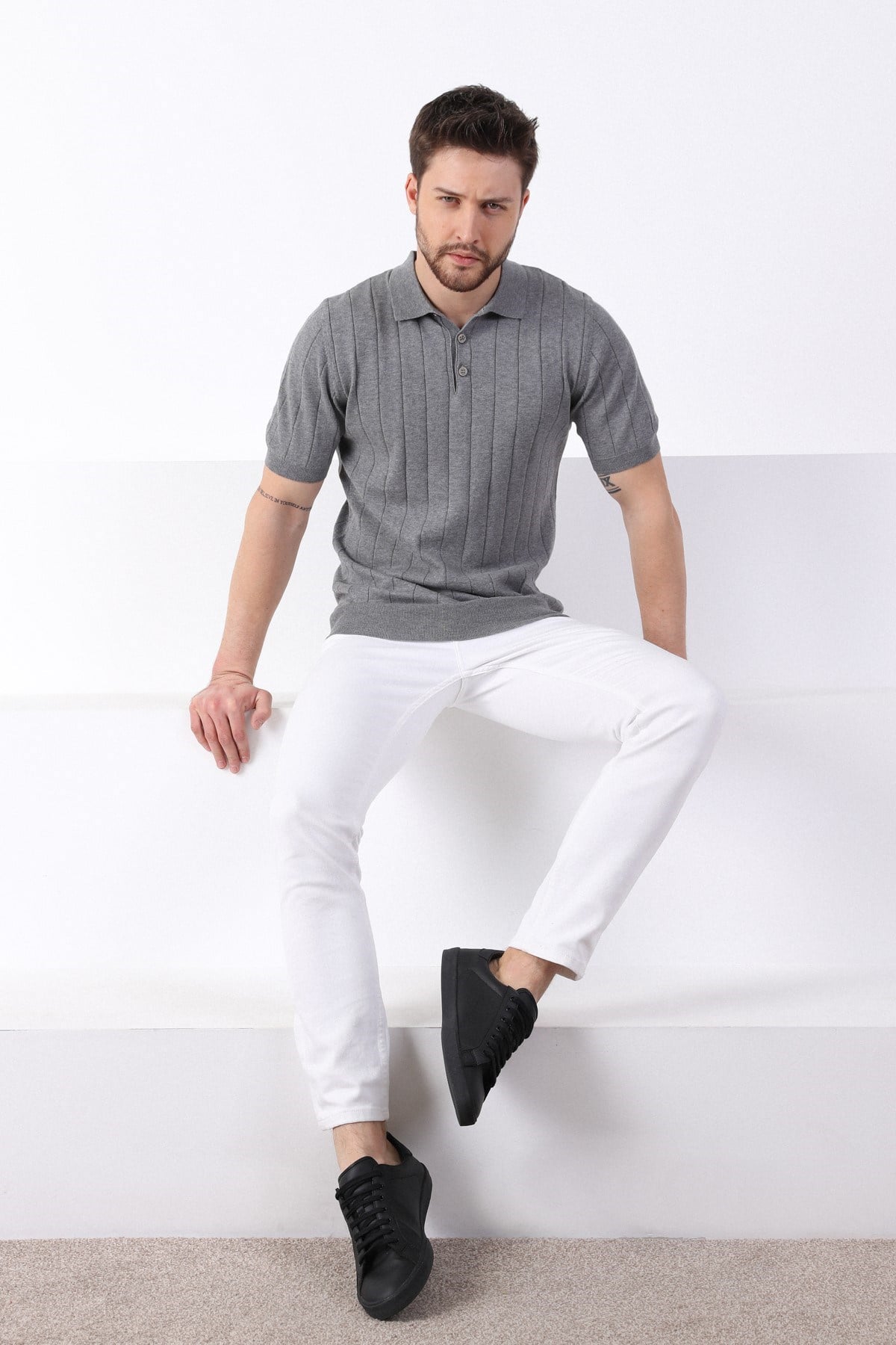 Ferraro Gri Polo Yaka Fitilli Erkek Pamuk Triko T-Shirt