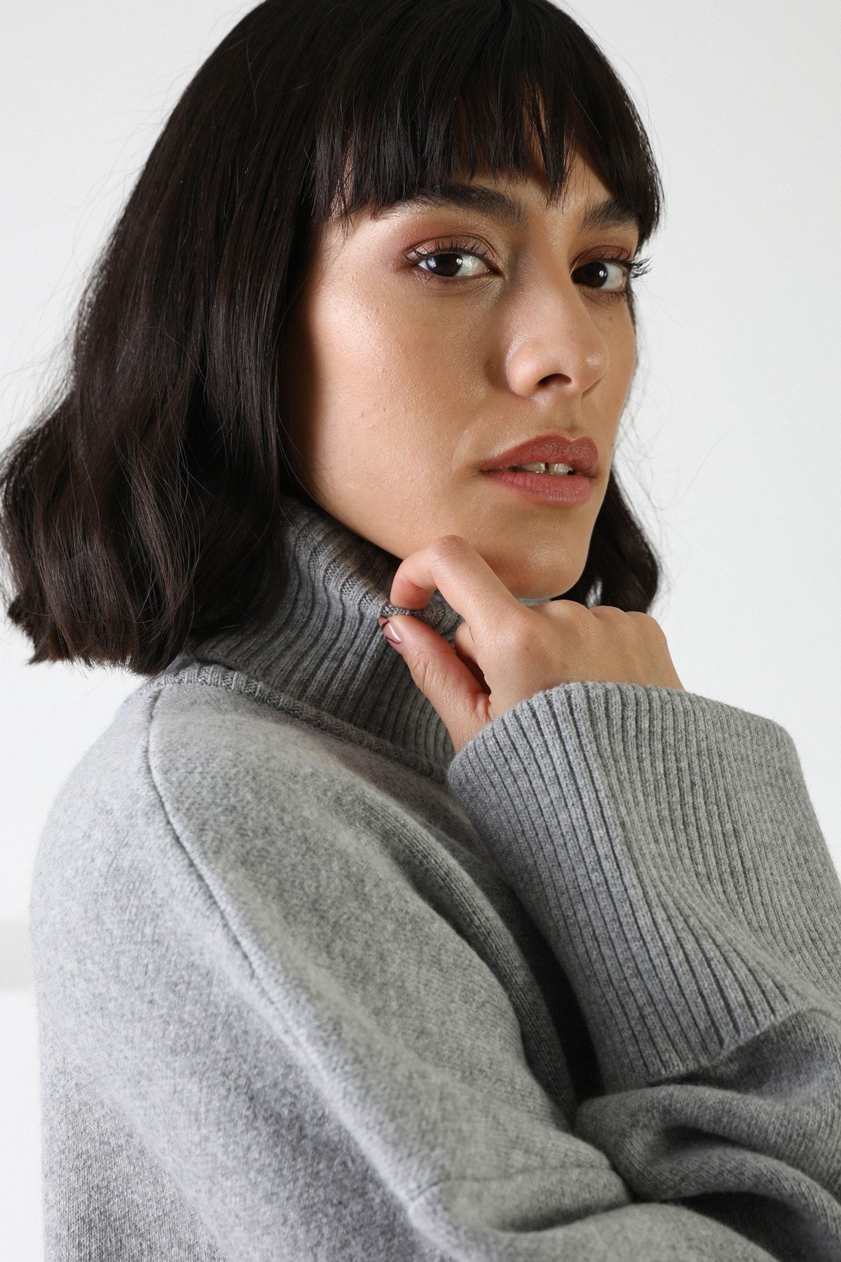 Ferraro Gri Uzun Kollu Balıkçı Yaka Kaşmirli Kadın Triko Kazak