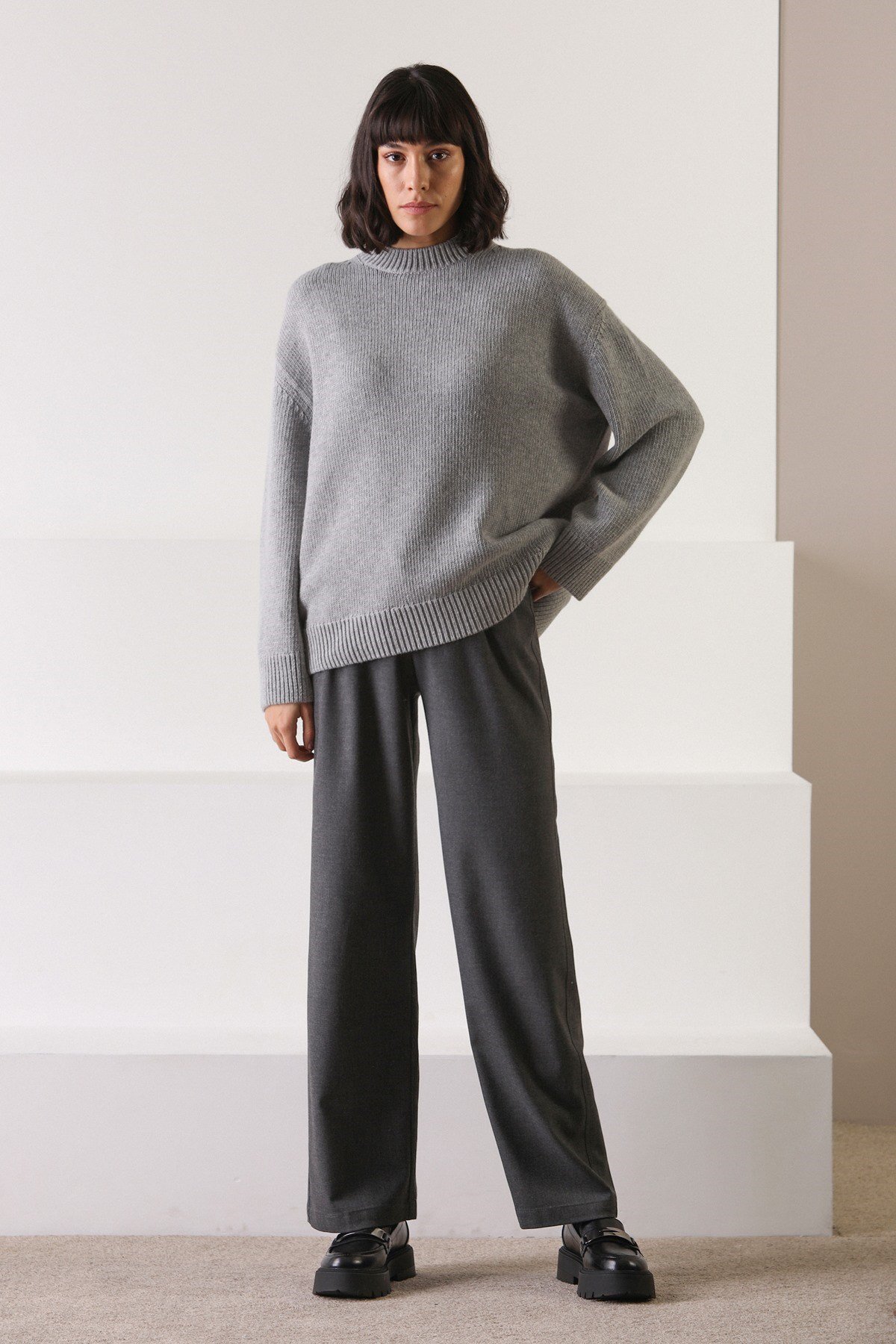 Ferraro Gri Uzun Kollu Bisiklet Yaka Kaşmirli Kadın Triko Kazak