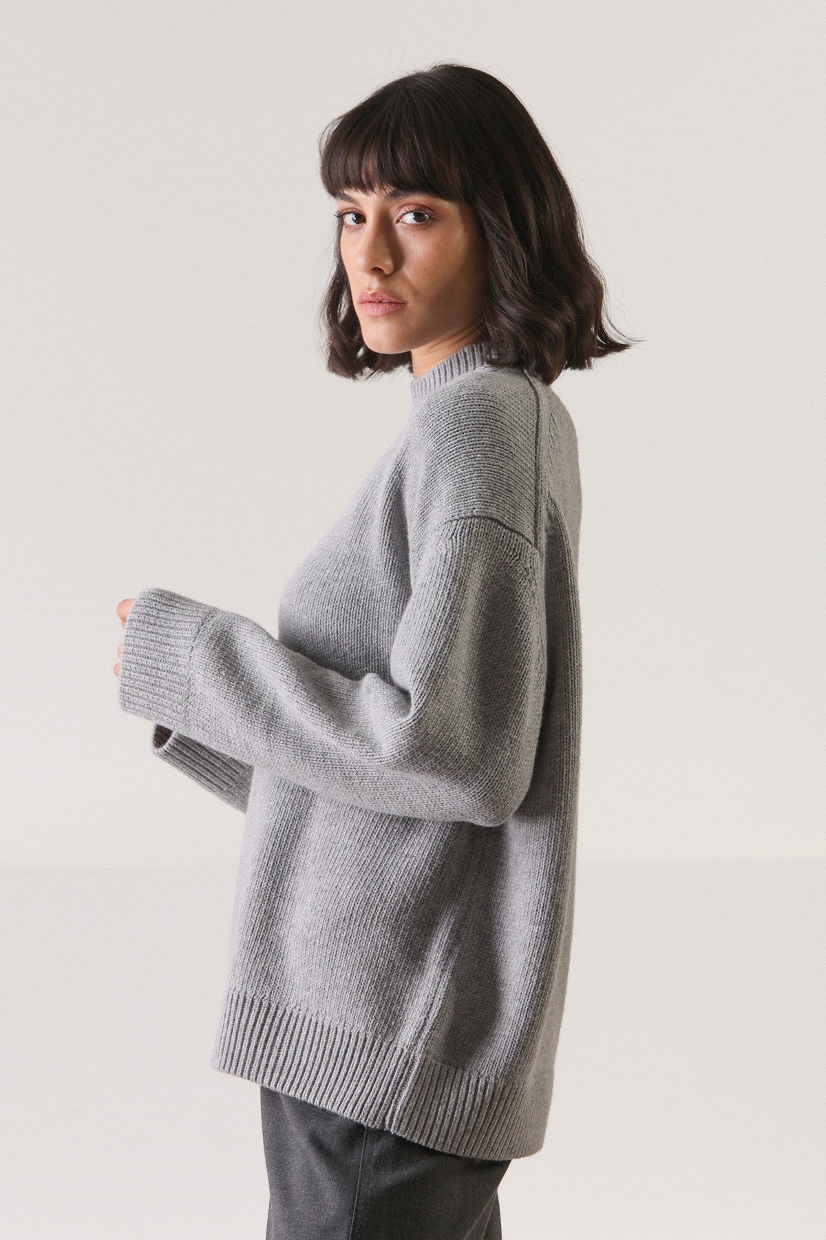 Ferraro Gri Uzun Kollu Bisiklet Yaka Kaşmirli Kadın Triko Kazak