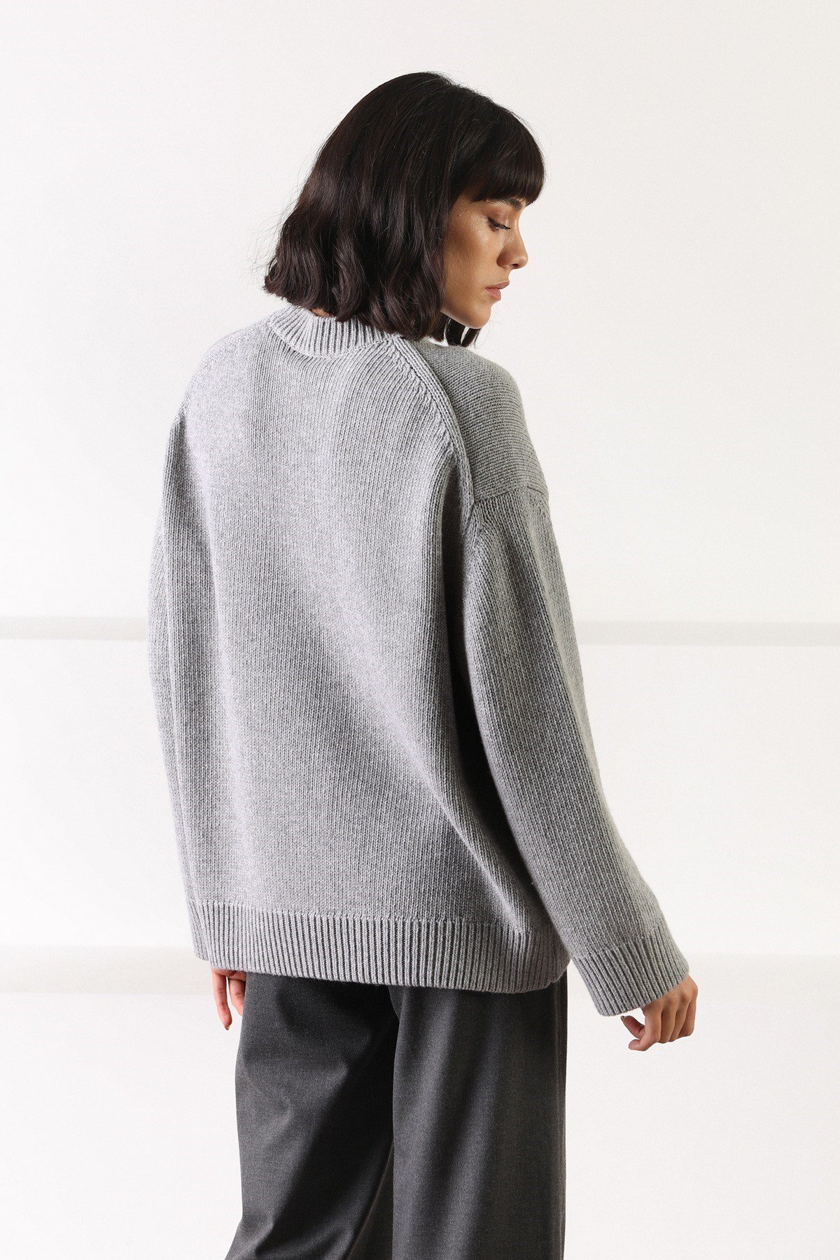 Ferraro Gri Uzun Kollu Bisiklet Yaka Kaşmirli Kadın Triko Kazak