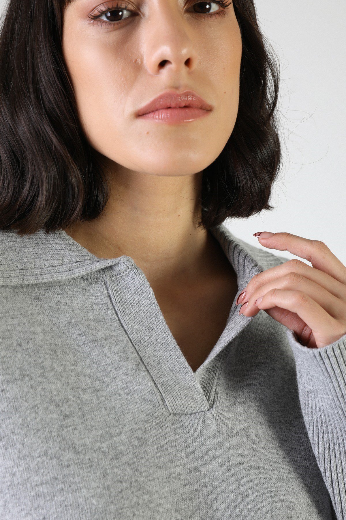 Ferraro Gri Uzun Kollu Polo Yaka Kaşmirli Kadın Triko Kazak