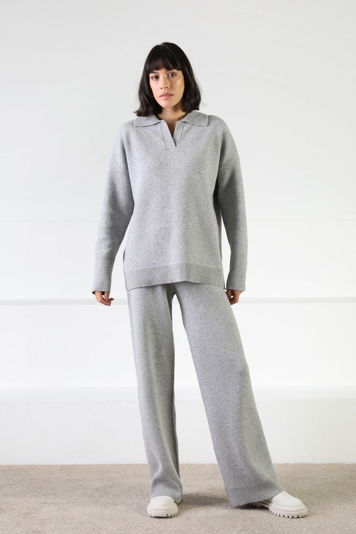 Ferraro Gri Uzun Kollu Polo Yaka Kaşmirli Kadın Triko Kazak