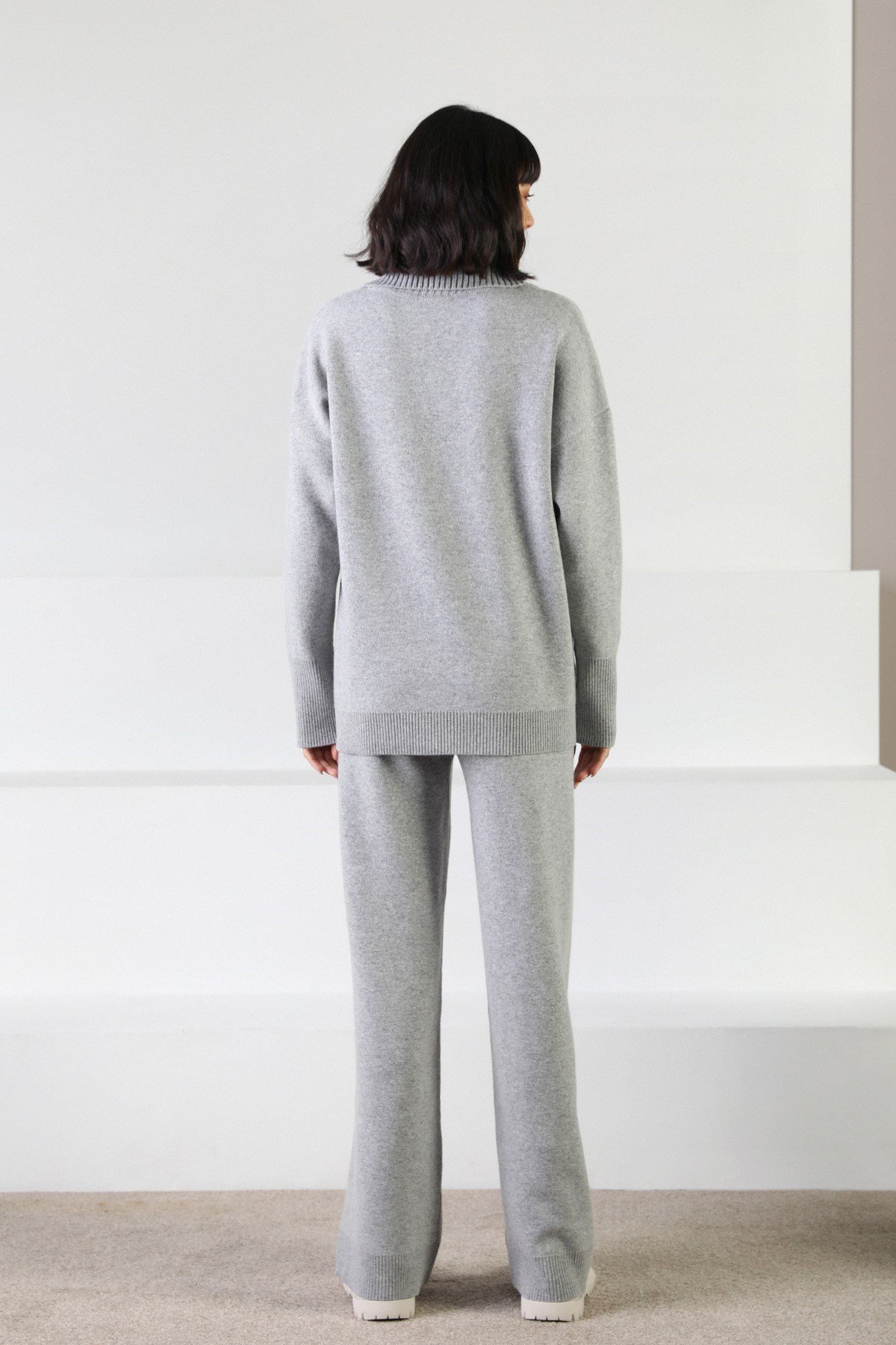 Ferraro Gri Uzun Kollu Polo Yaka Kaşmirli Kadın Triko Kazak