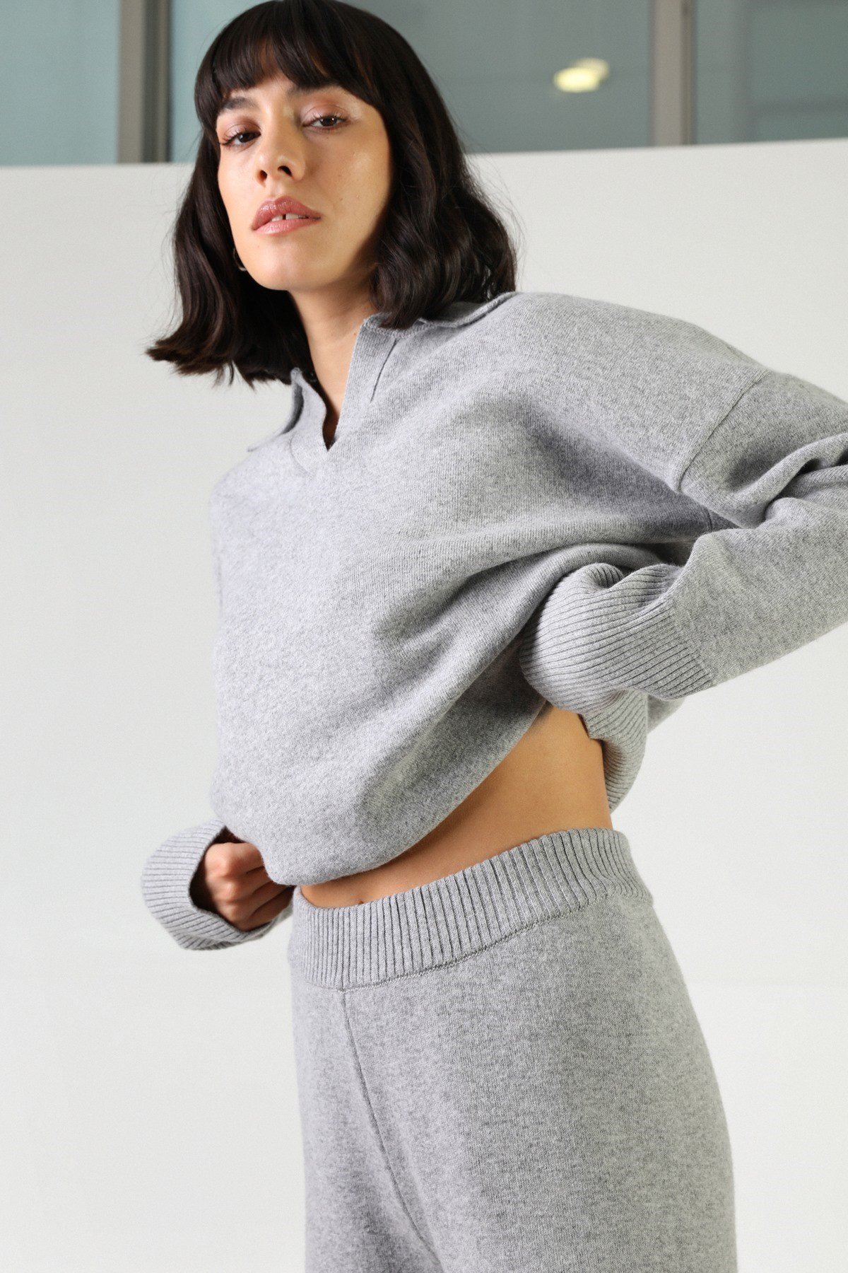 Ferraro Gri Uzun Kollu Polo Yaka Kaşmirli Kadın Triko Kazak