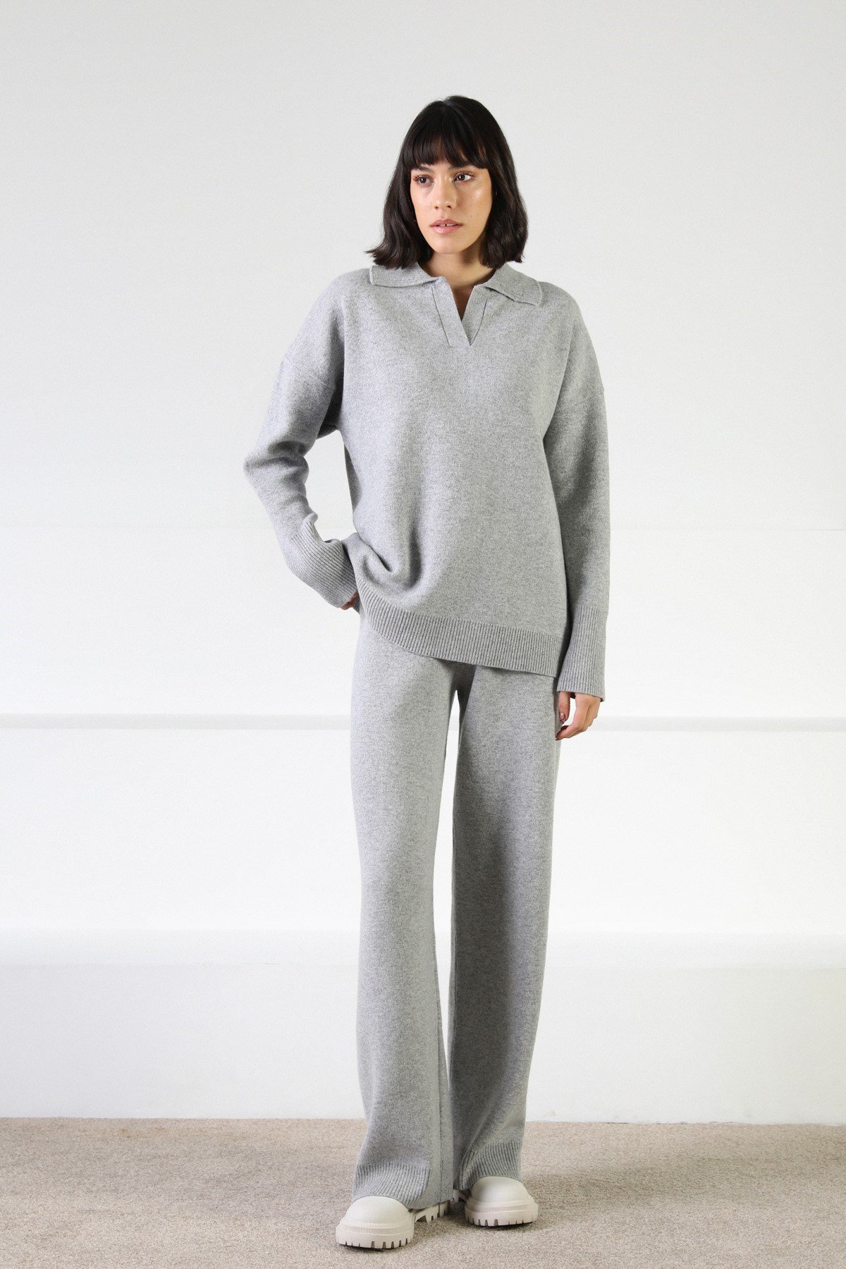 Ferraro Gri Uzun Kollu Polo Yaka Kaşmirli Kadın Triko Kazak