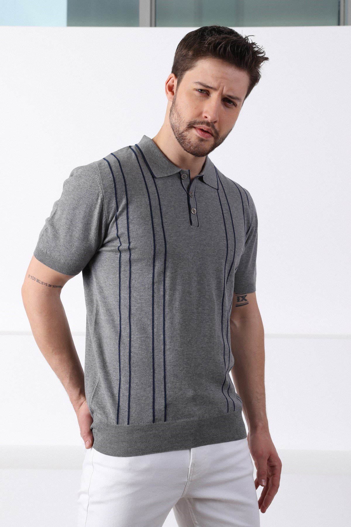 Ferraro Gri/Laci Polo Yaka Dik Çizgili Erkek Pamuk Triko T-Shirt
