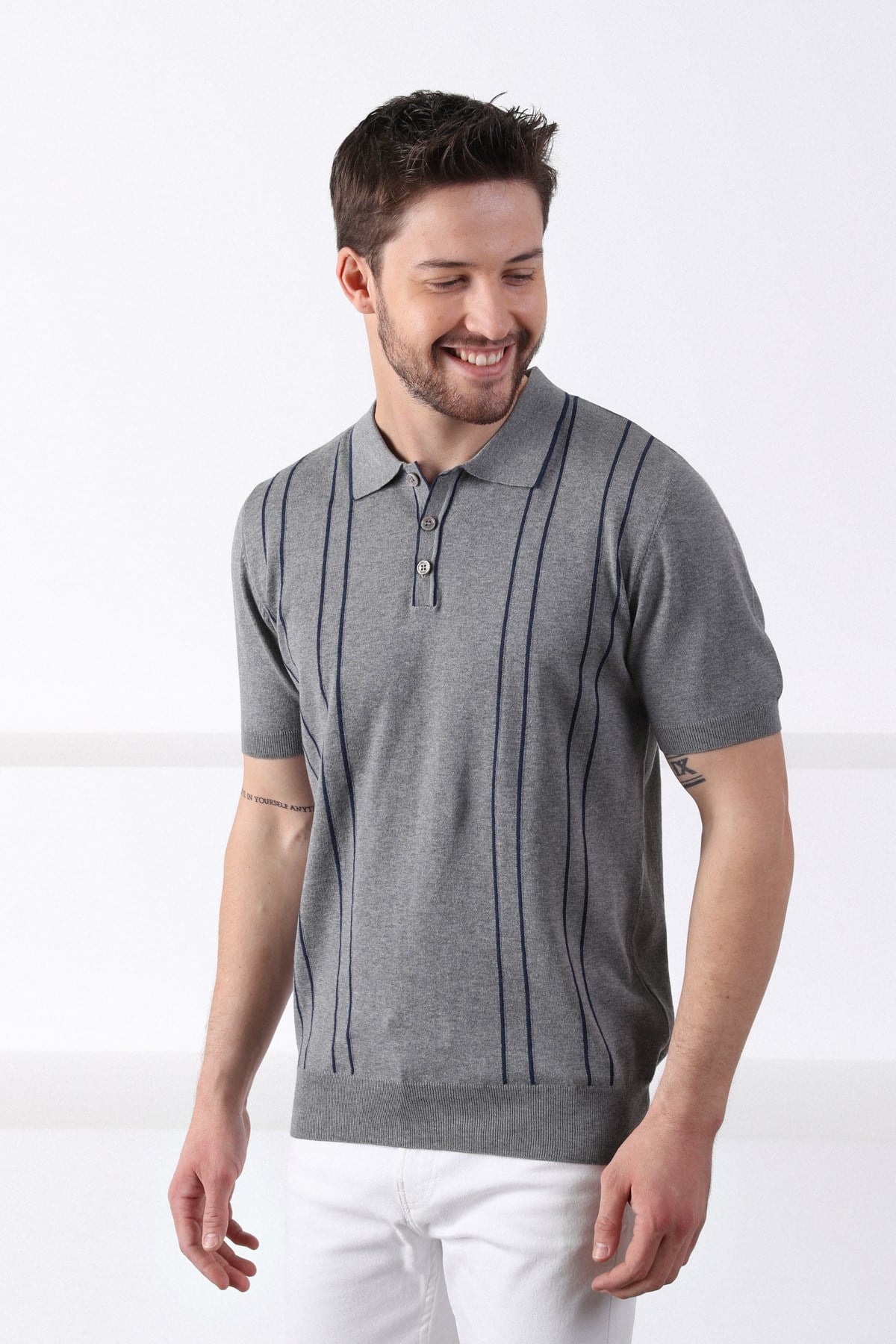 Ferraro Gri/Laci Polo Yaka Dik Çizgili Erkek Pamuk Triko T-Shirt