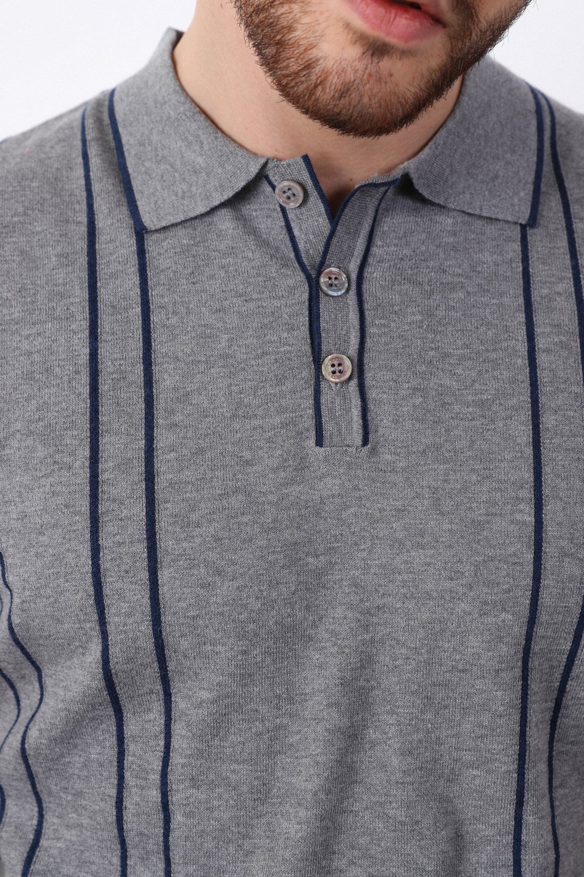 Ferraro Gri/Laci Polo Yaka Dik Çizgili Erkek Pamuk Triko T-Shirt