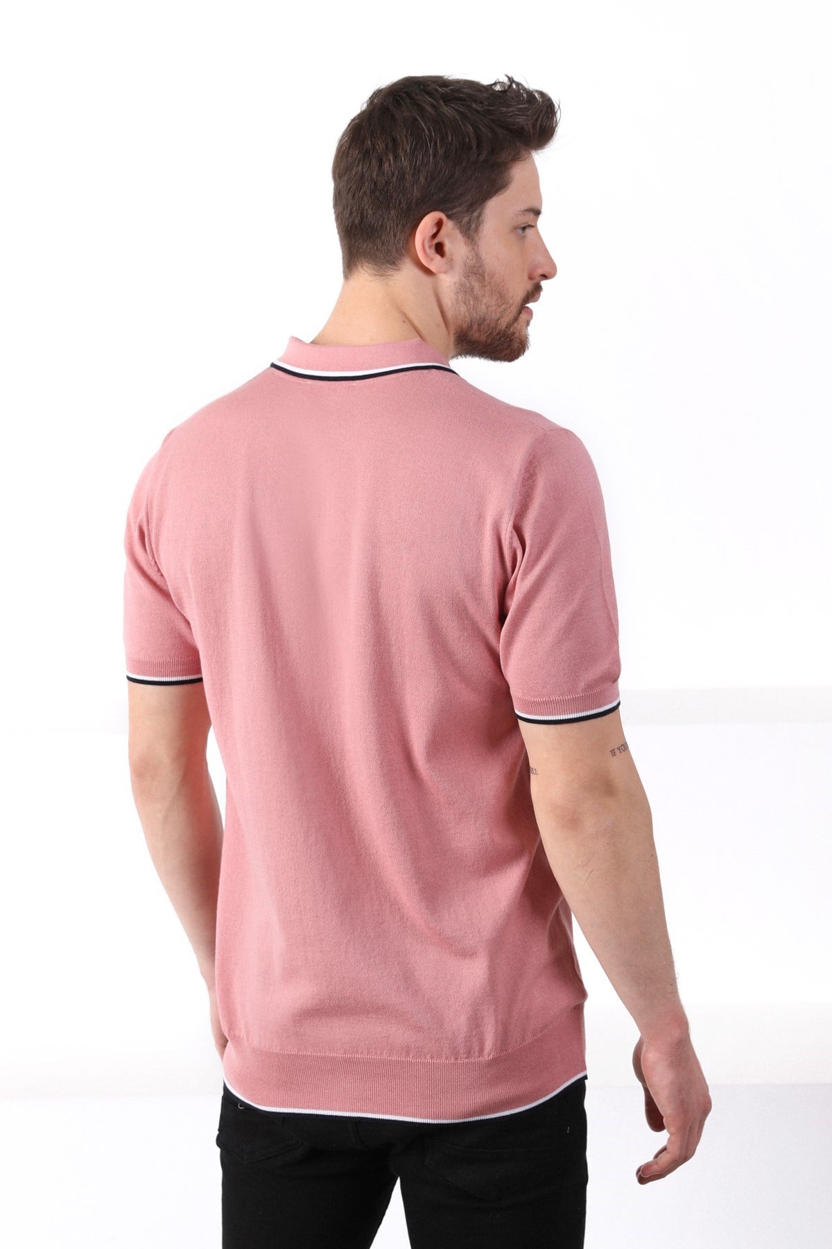 Ferraro Gül/Beyaz Yaka Şerit Düğmeli Erkek Pamuk Triko T-Shirt