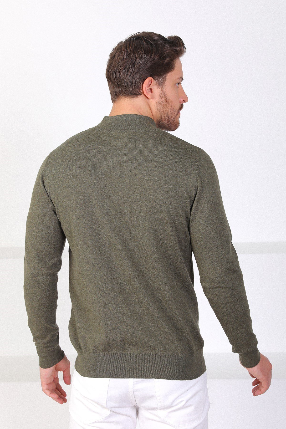 Ferraro Haki Dik Yaka Düz Renk Pamuk Erkek Kazak