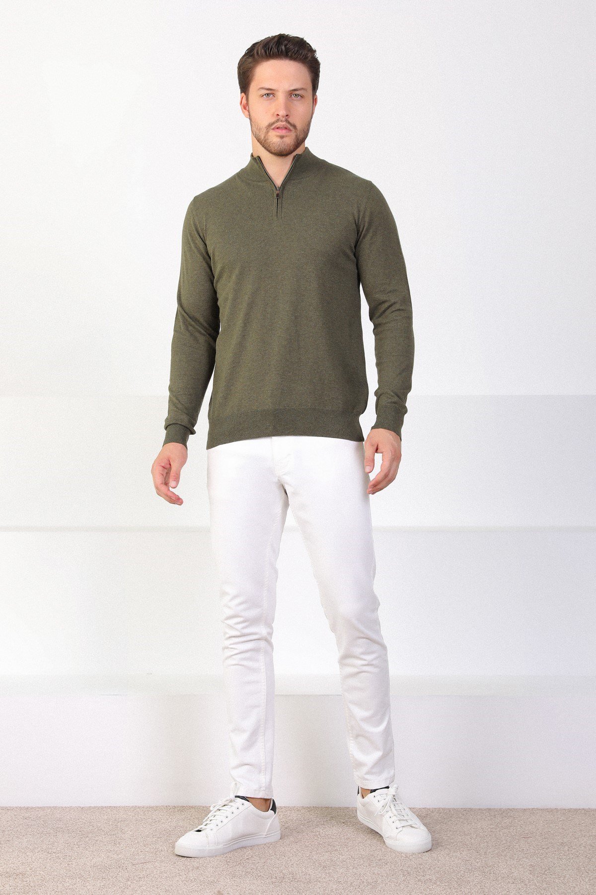 Ferraro Haki Dik Yaka Düz Renk Pamuk Erkek Kazak