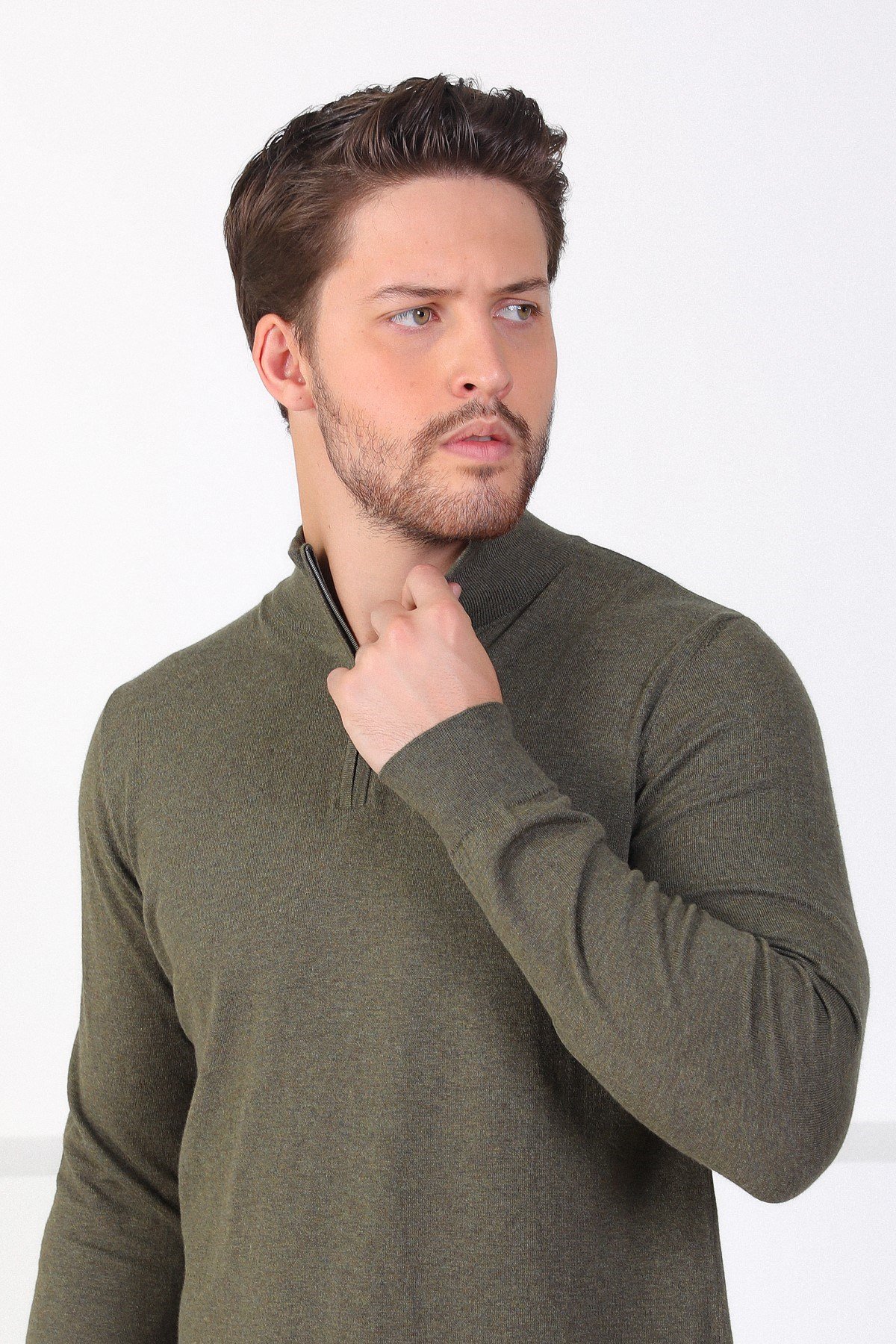 Ferraro Haki Dik Yaka Düz Renk Pamuk Erkek Kazak