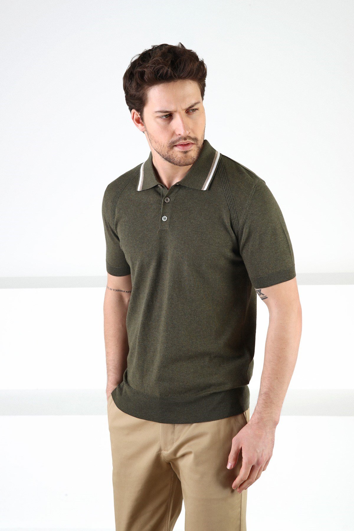 Ferraro Haki Düğmeli Polo Yaka %100 Pamuk Erkek Triko T-Shirt