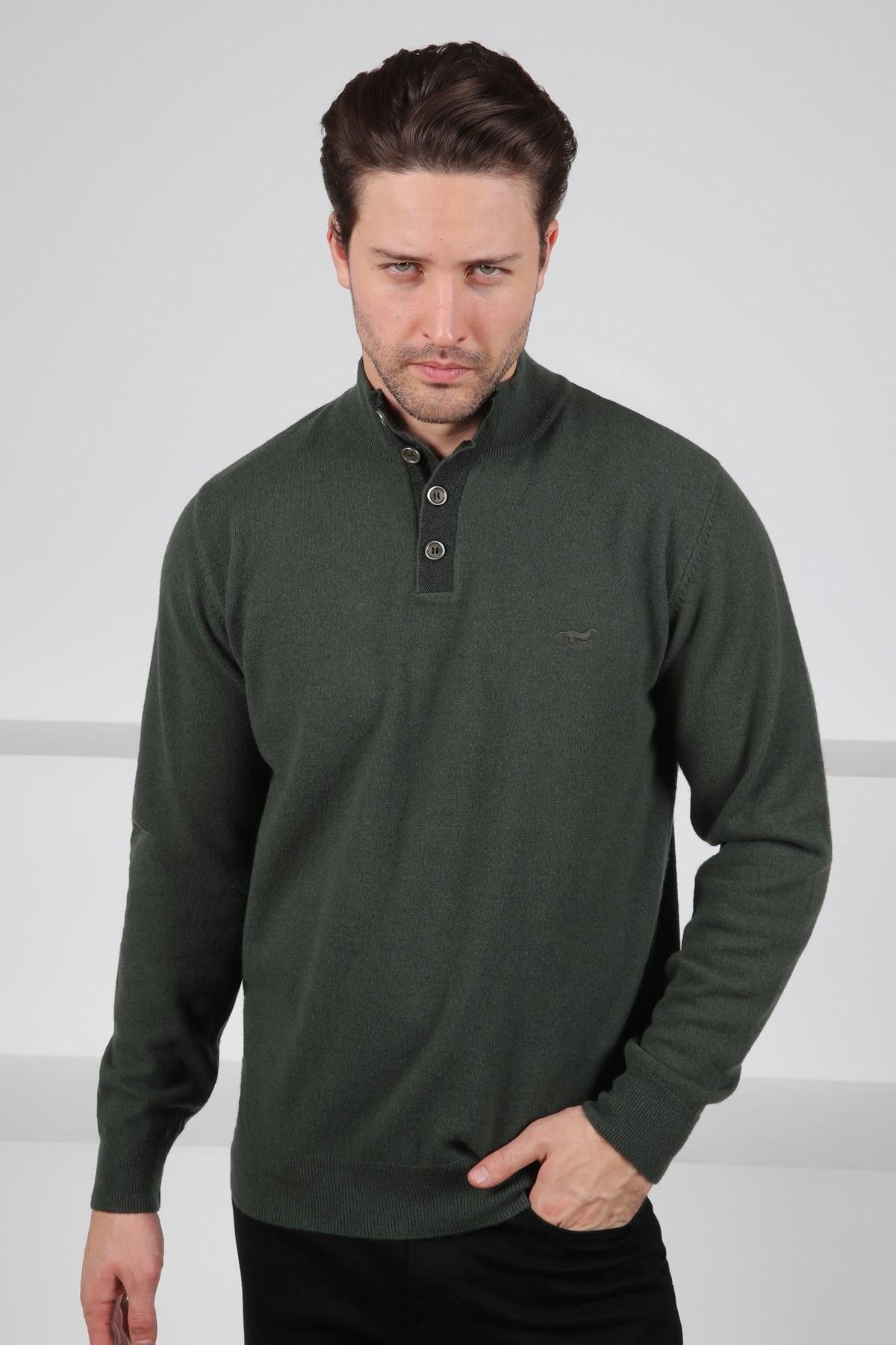 Ferraro Haki Düğmeli Yarım Balıkçı Yaka Uzun Kollu %100 Kuzu Yünü Erkek Triko Kazak