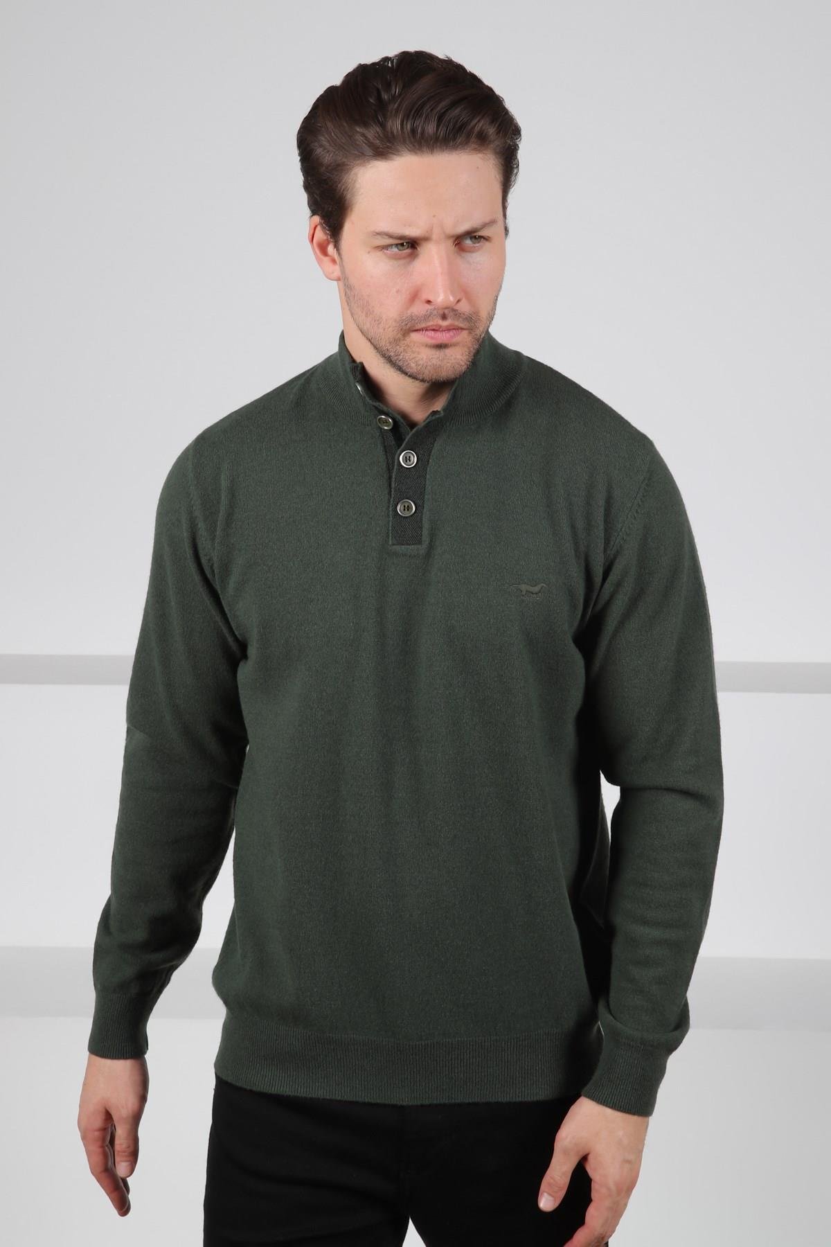 Ferraro Haki Düğmeli Yarım Balıkçı Yaka Uzun Kollu %100 Kuzu Yünü Erkek Triko Kazak