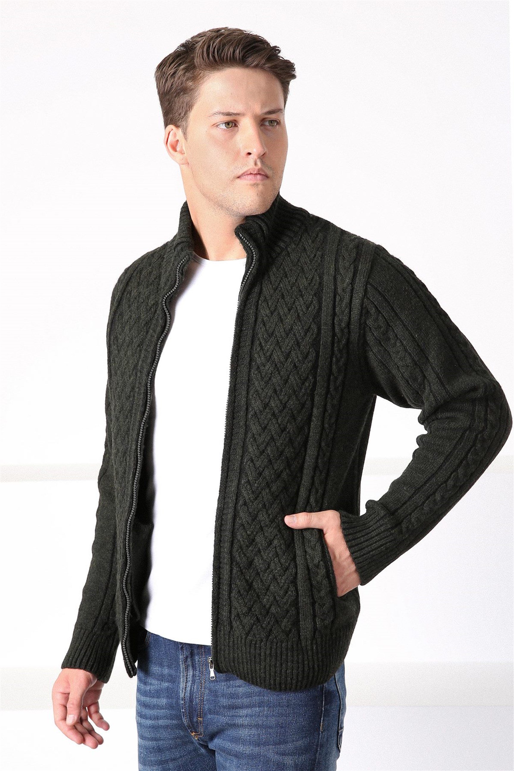 Ferraro Haki Fermuarlı Kalın Yün Erkek Triko Hırka