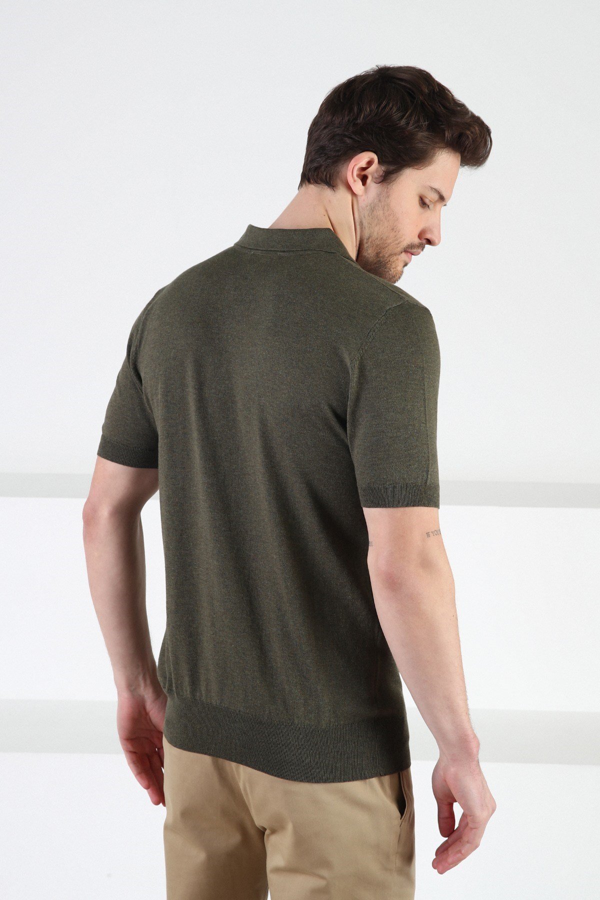 Ferraro Haki Fermuarlı Polo Yaka %100 Pamuk Erkek Triko T-Shirt