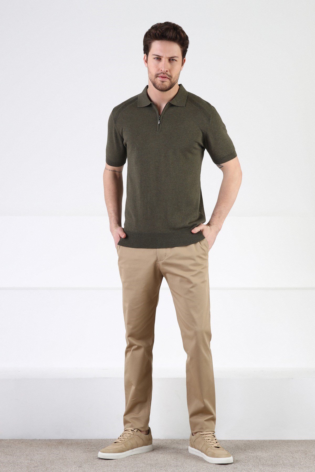 Ferraro Haki Fermuarlı Polo Yaka %100 Pamuk Erkek Triko T-Shirt
