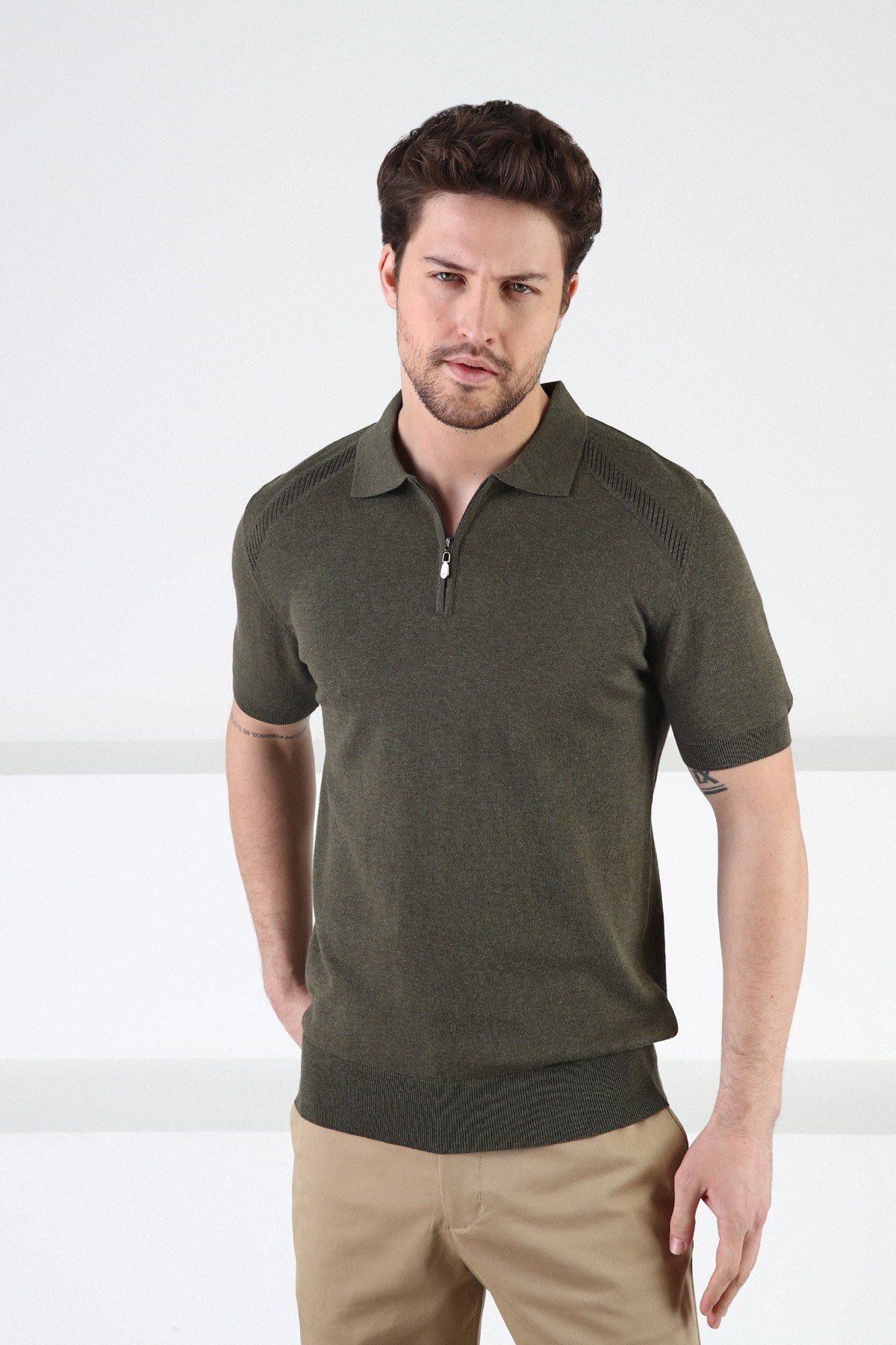 Ferraro Haki Fermuarlı Polo Yaka %100 Pamuk Erkek Triko T-Shirt