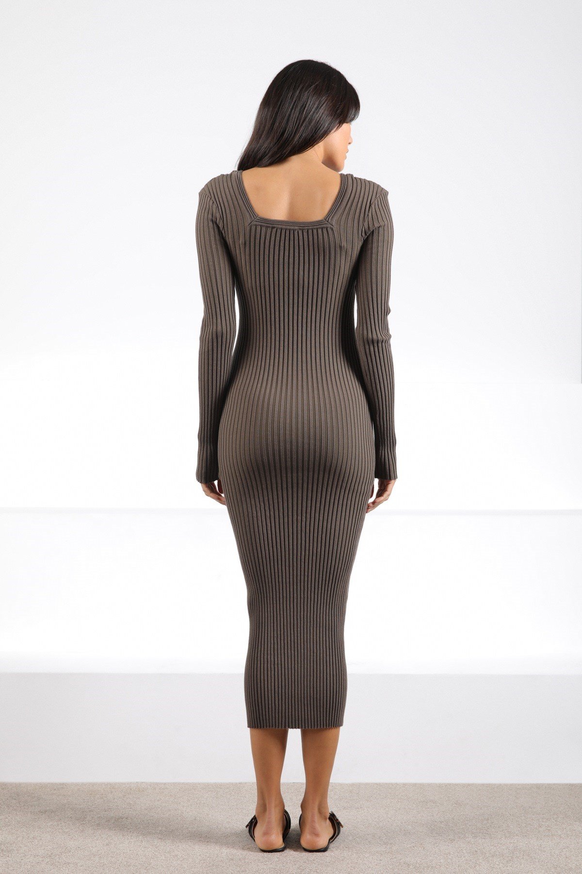 Ferraro Haki Pencere Yaka Kadın Triko Elbise