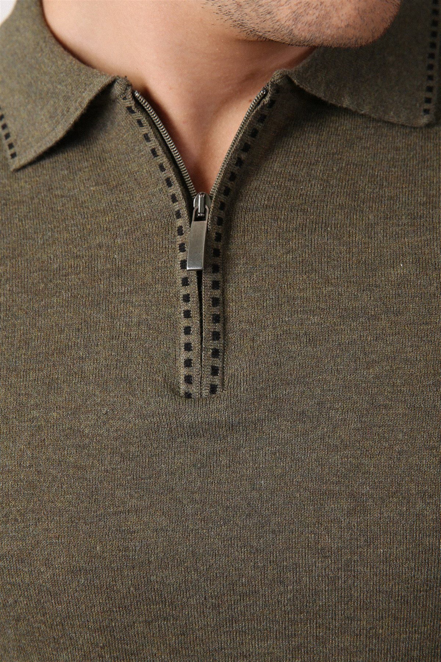 Ferraro Haki Polo Yaka Fermuarlı Erkek Pamuk Kazak