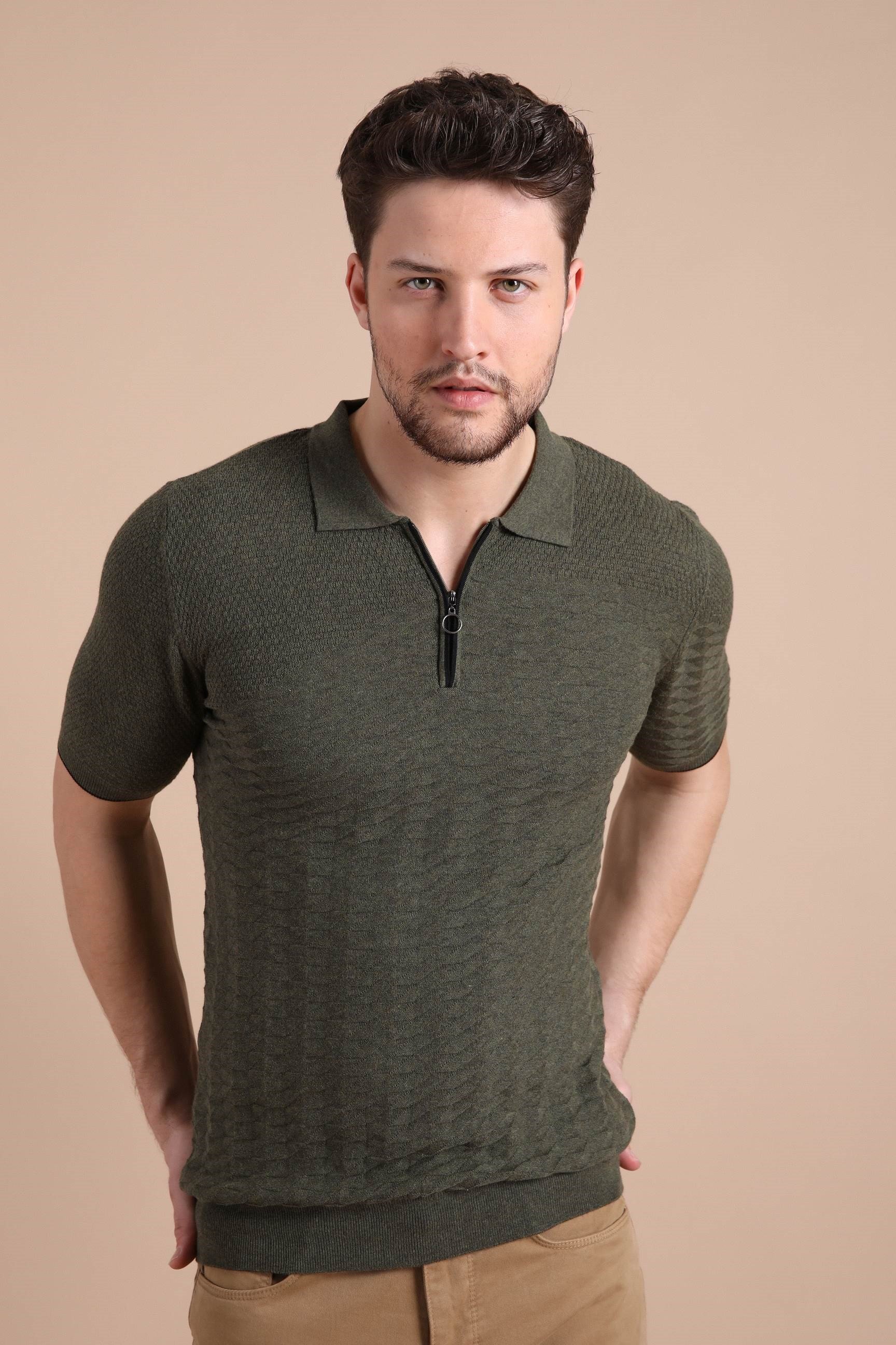 Ferraro Haki Polo Yaka Fermuarlı Erkek Pamuk Triko T-Shirt