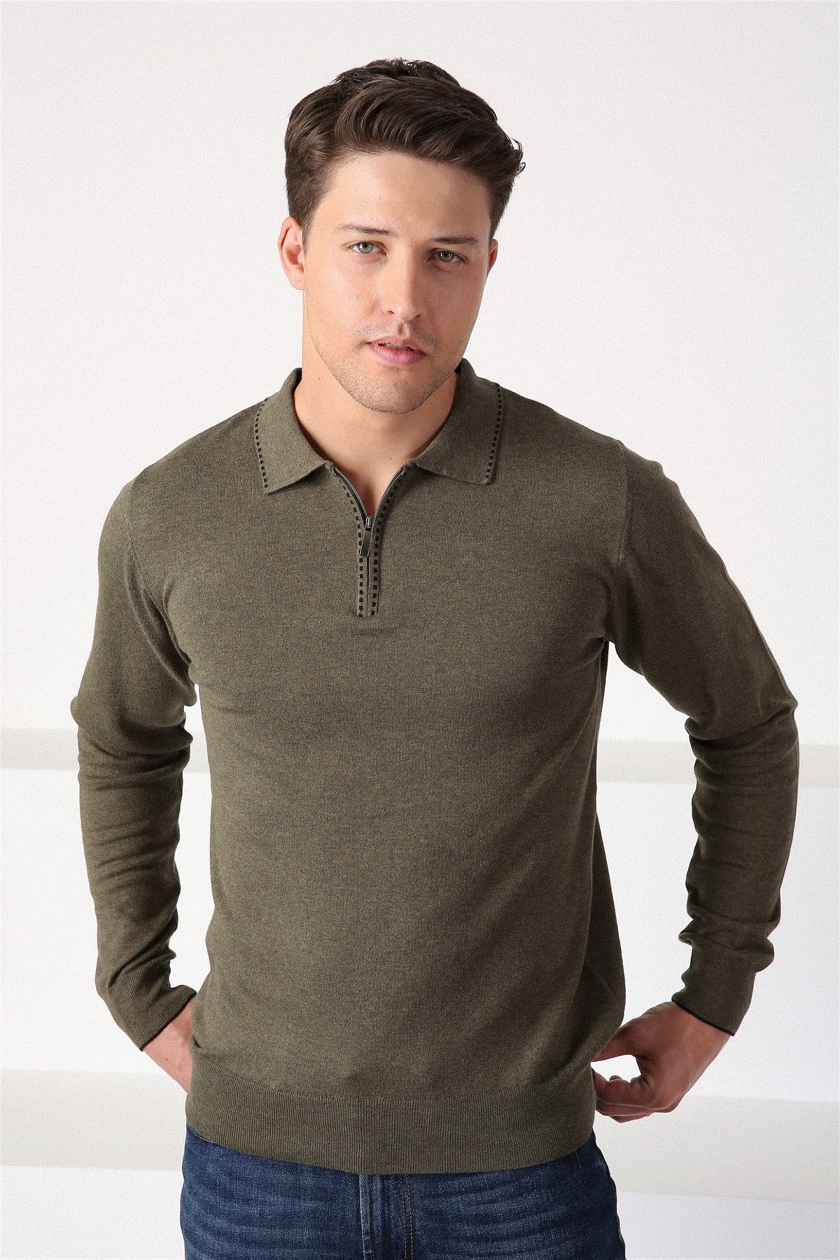 Ferraro Haki Polo Yaka Fermuarlı Erkek Pamuk Kazak