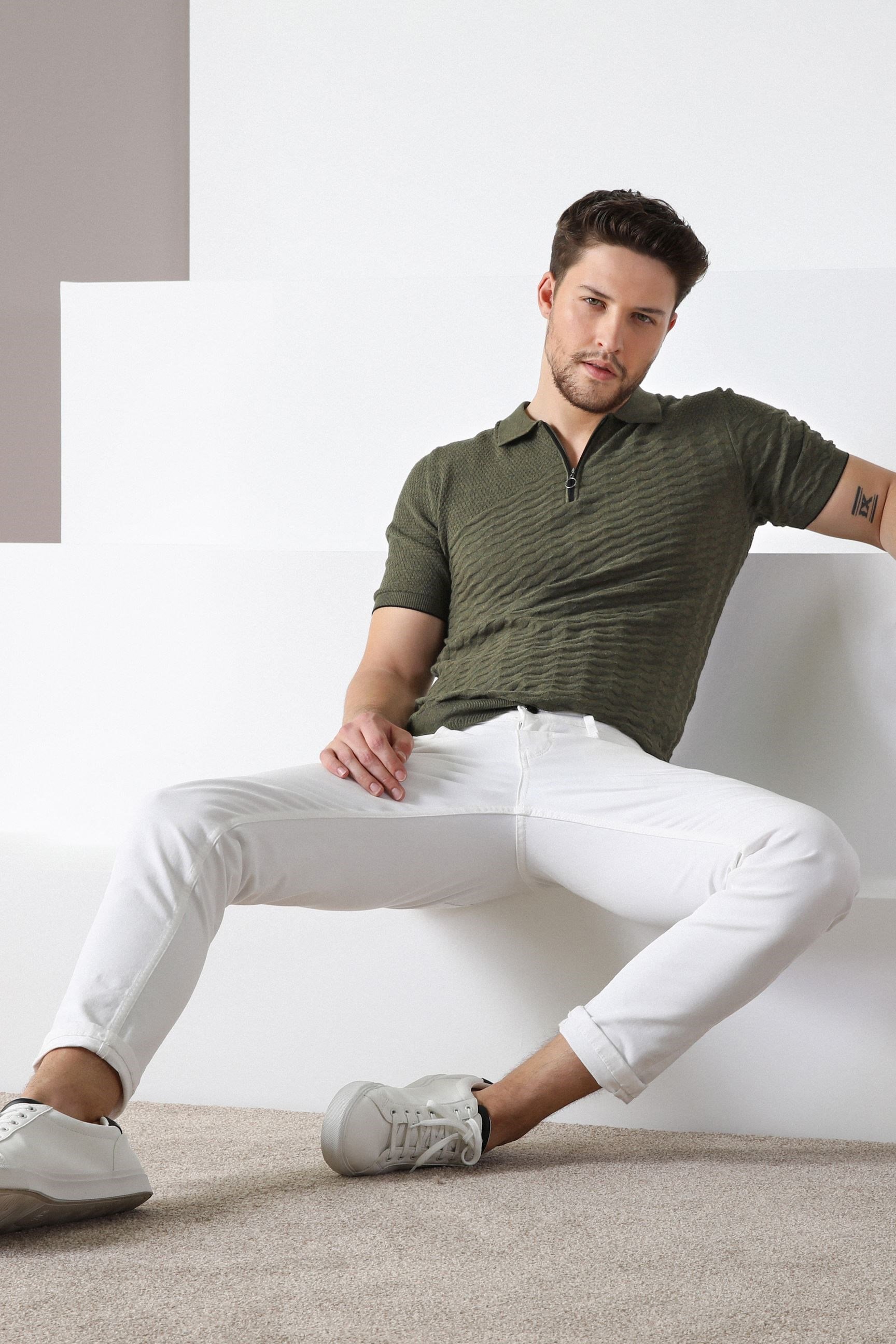 Ferraro Haki Polo Yaka Fermuarlı Erkek Pamuk Triko T-Shirt