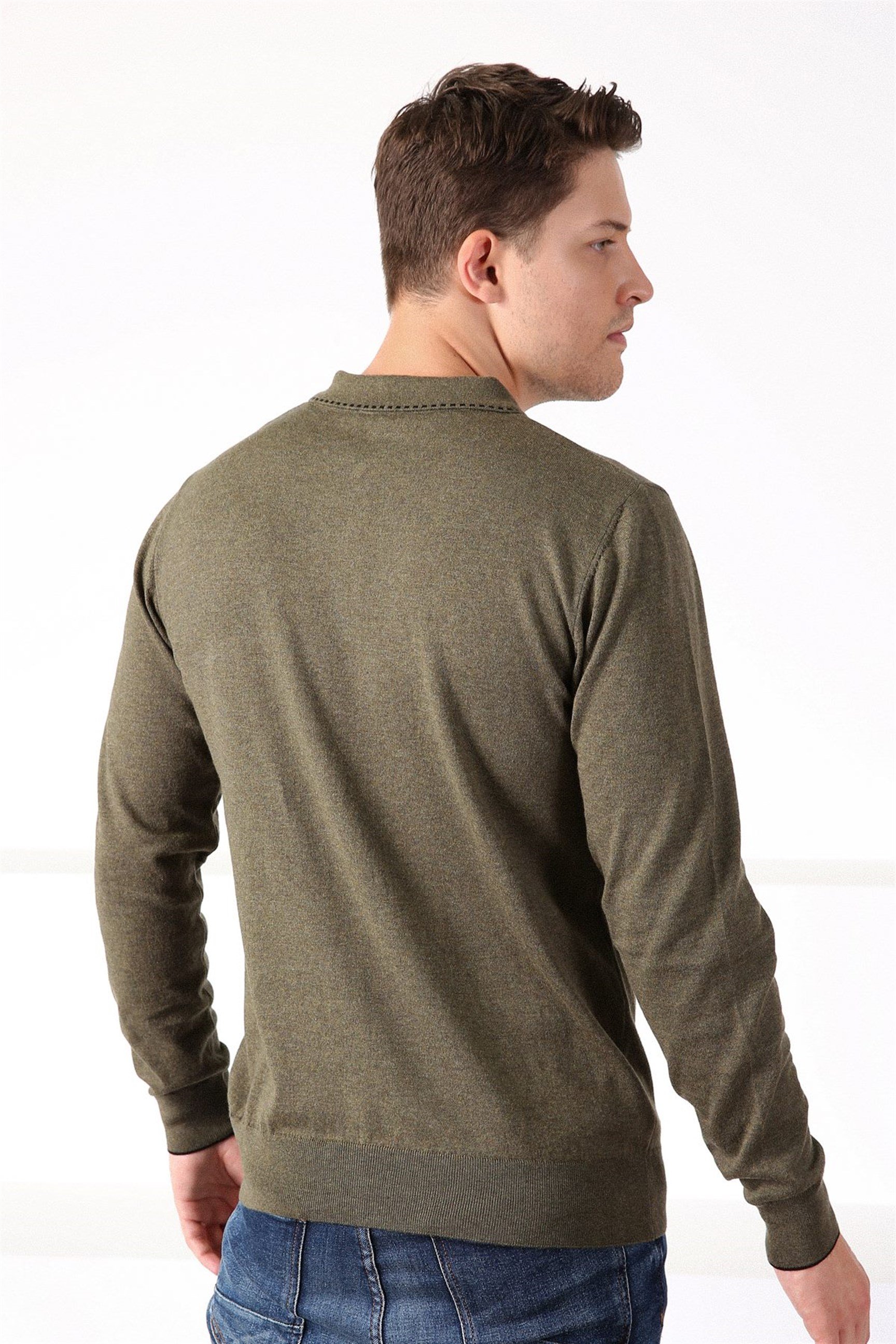 Ferraro Haki Polo Yaka Fermuarlı Erkek Pamuk Kazak