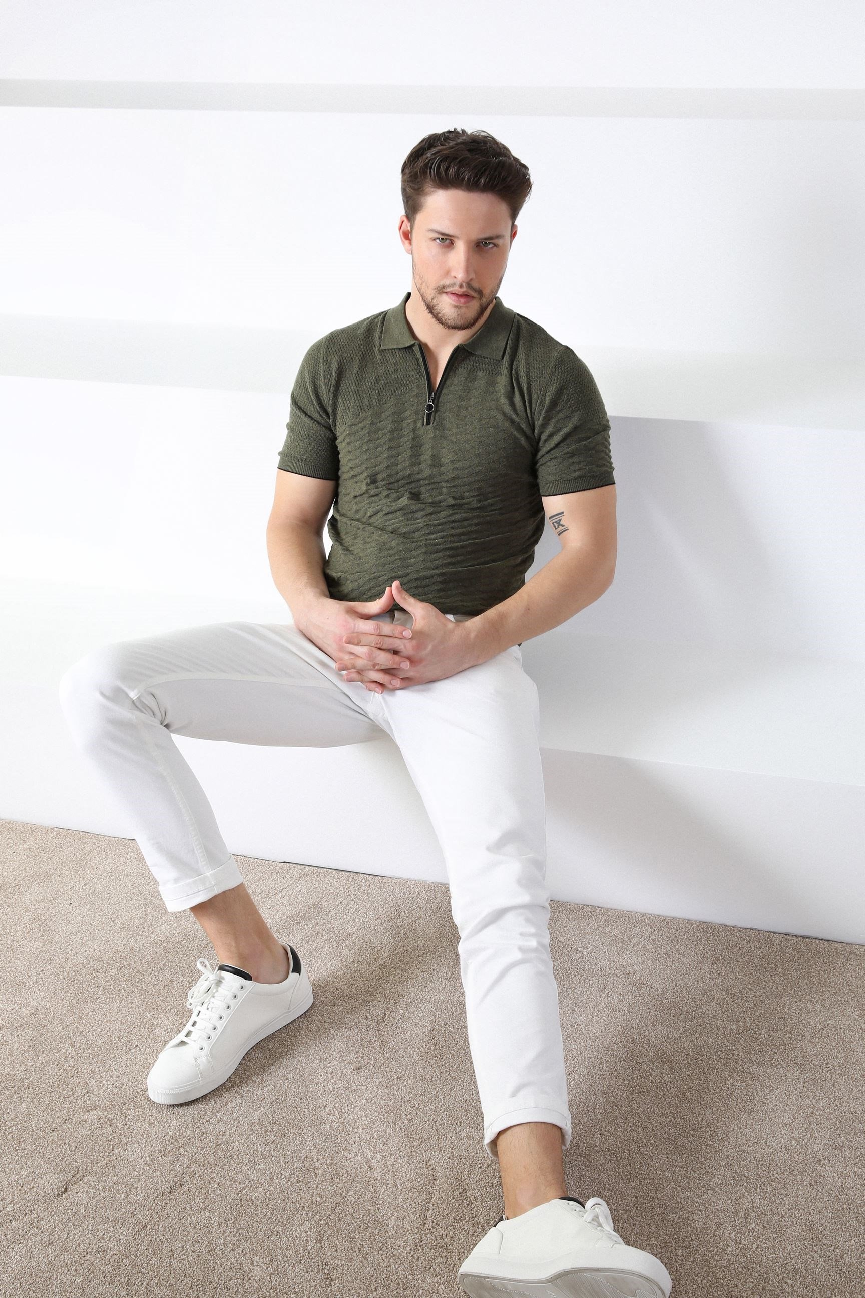 Ferraro Haki Polo Yaka Fermuarlı Erkek Pamuk Triko T-Shirt