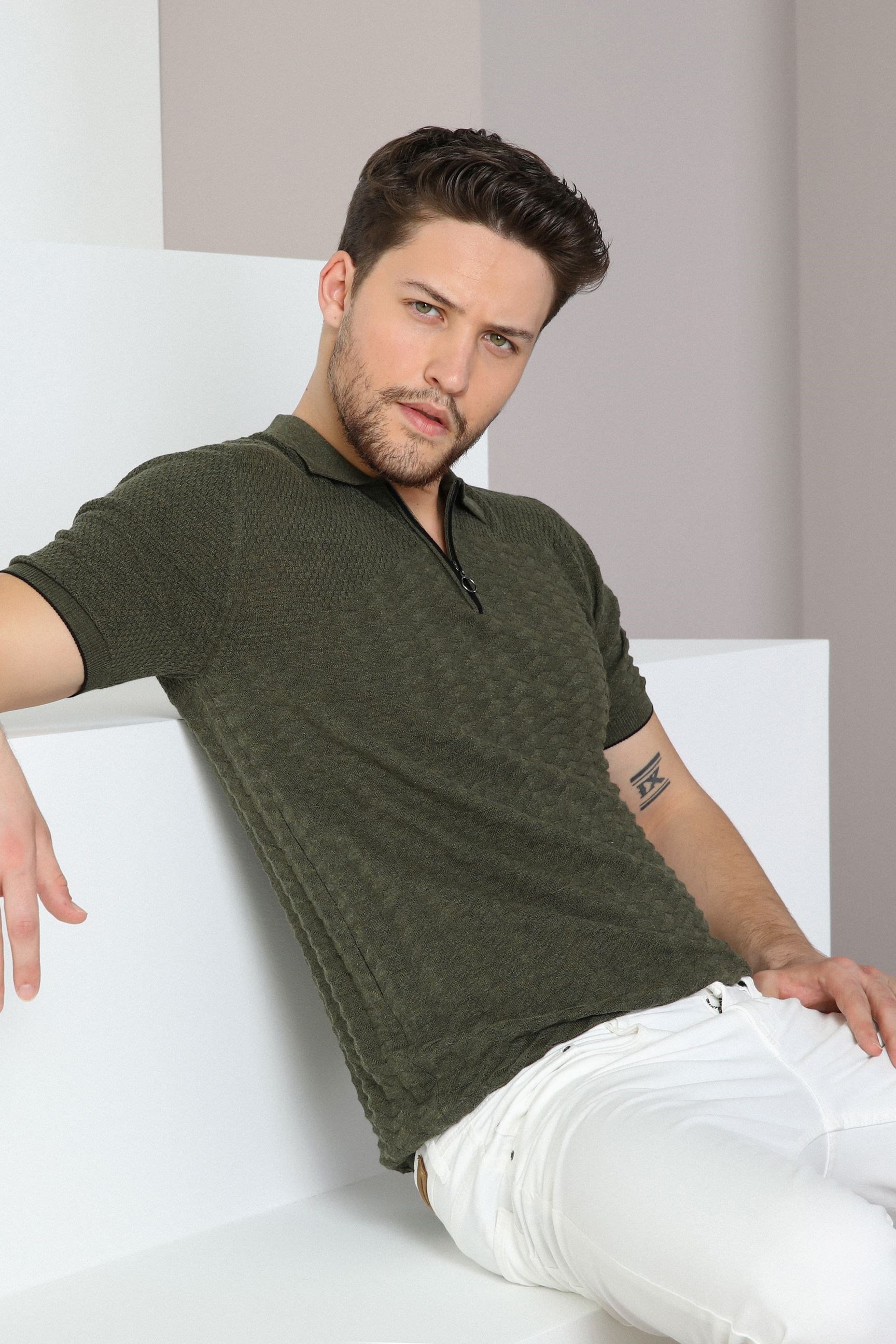 Ferraro Haki Polo Yaka Fermuarlı Erkek Pamuk Triko T-Shirt